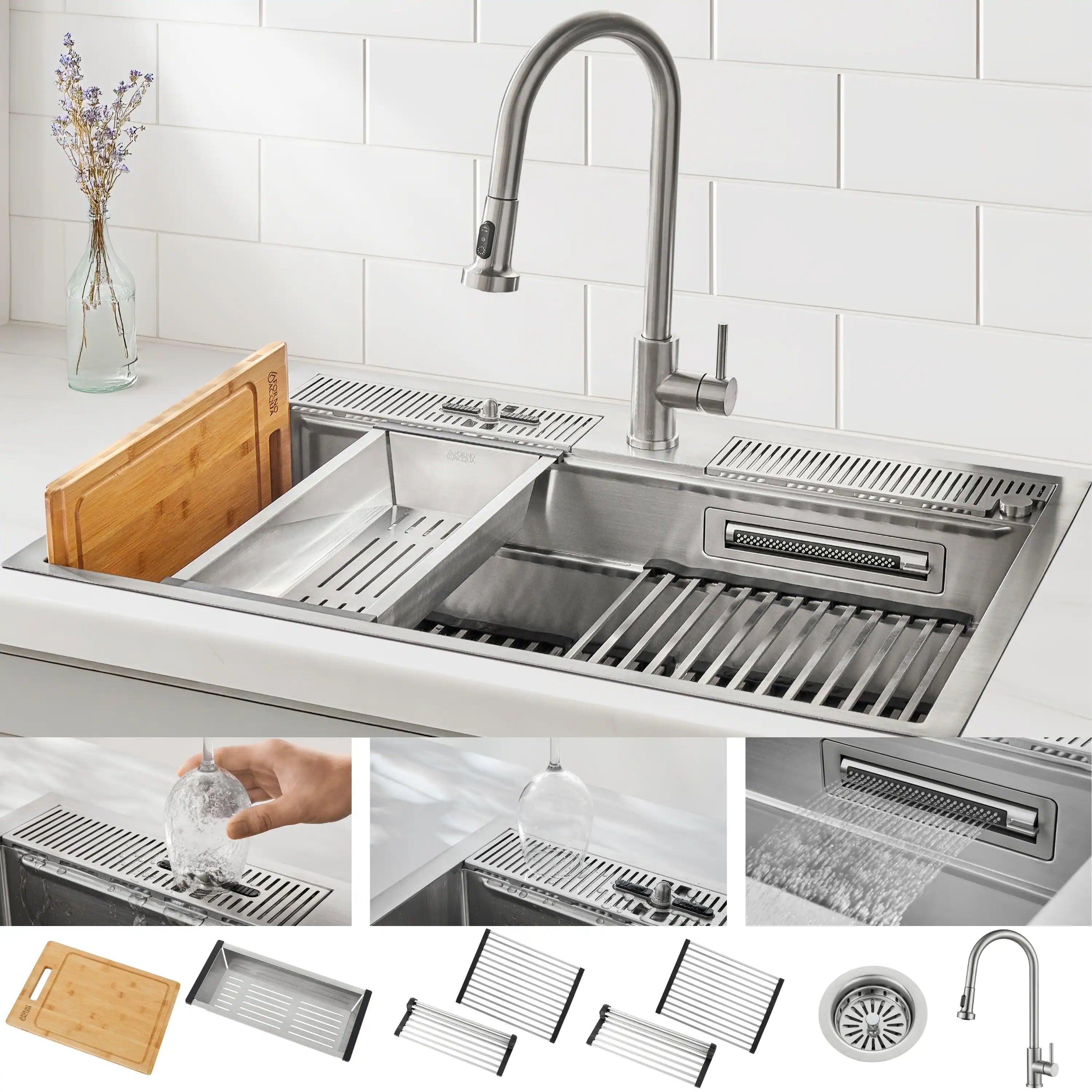 Undermount stainless steel sink with faucet and bamboo cutting board on rack