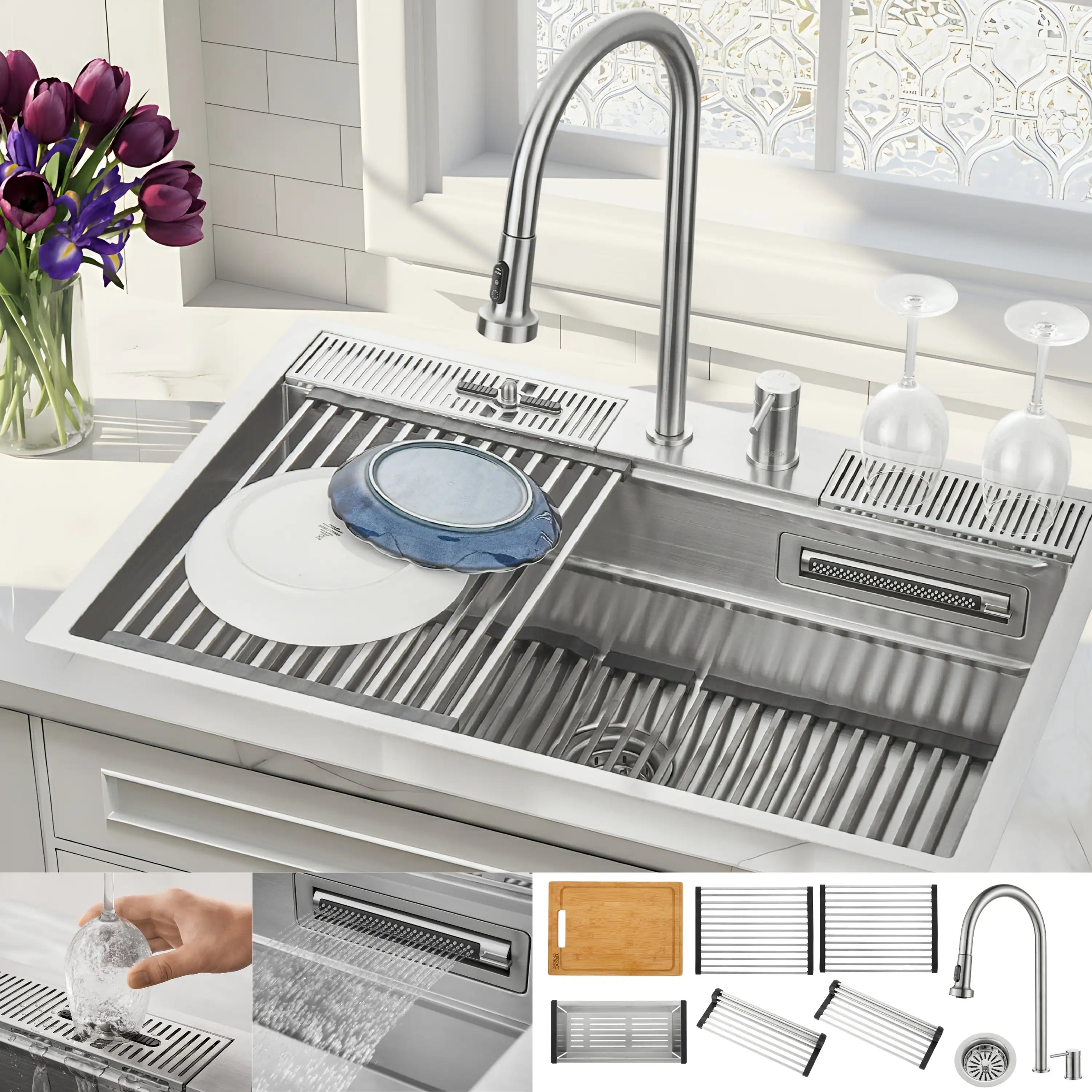 Stainless steel workstation sink with waterfall faucet and glass rinser, 3-level multi-sink layout