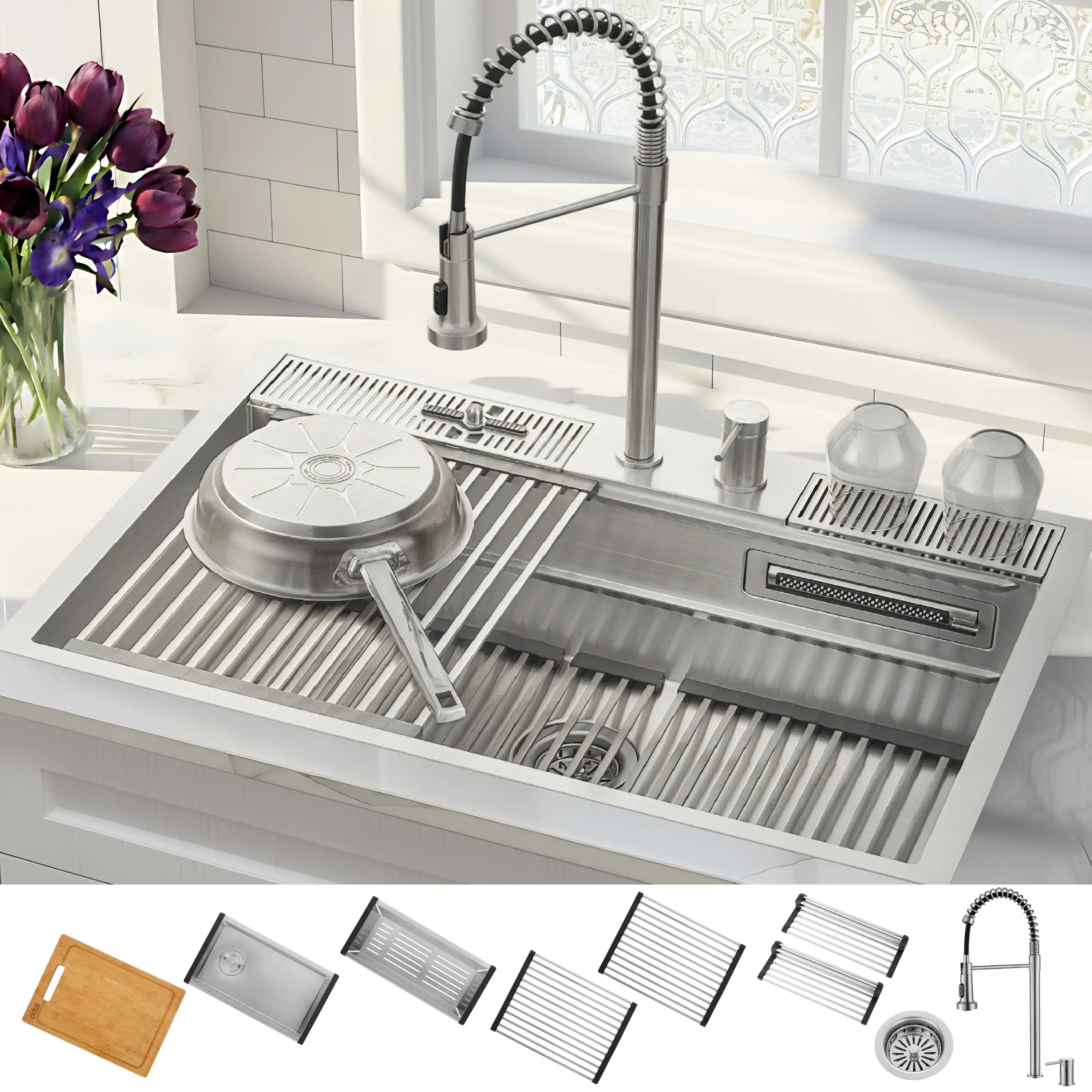 3-level stainless steel workstation sink with waterfall faucet and glass rinser