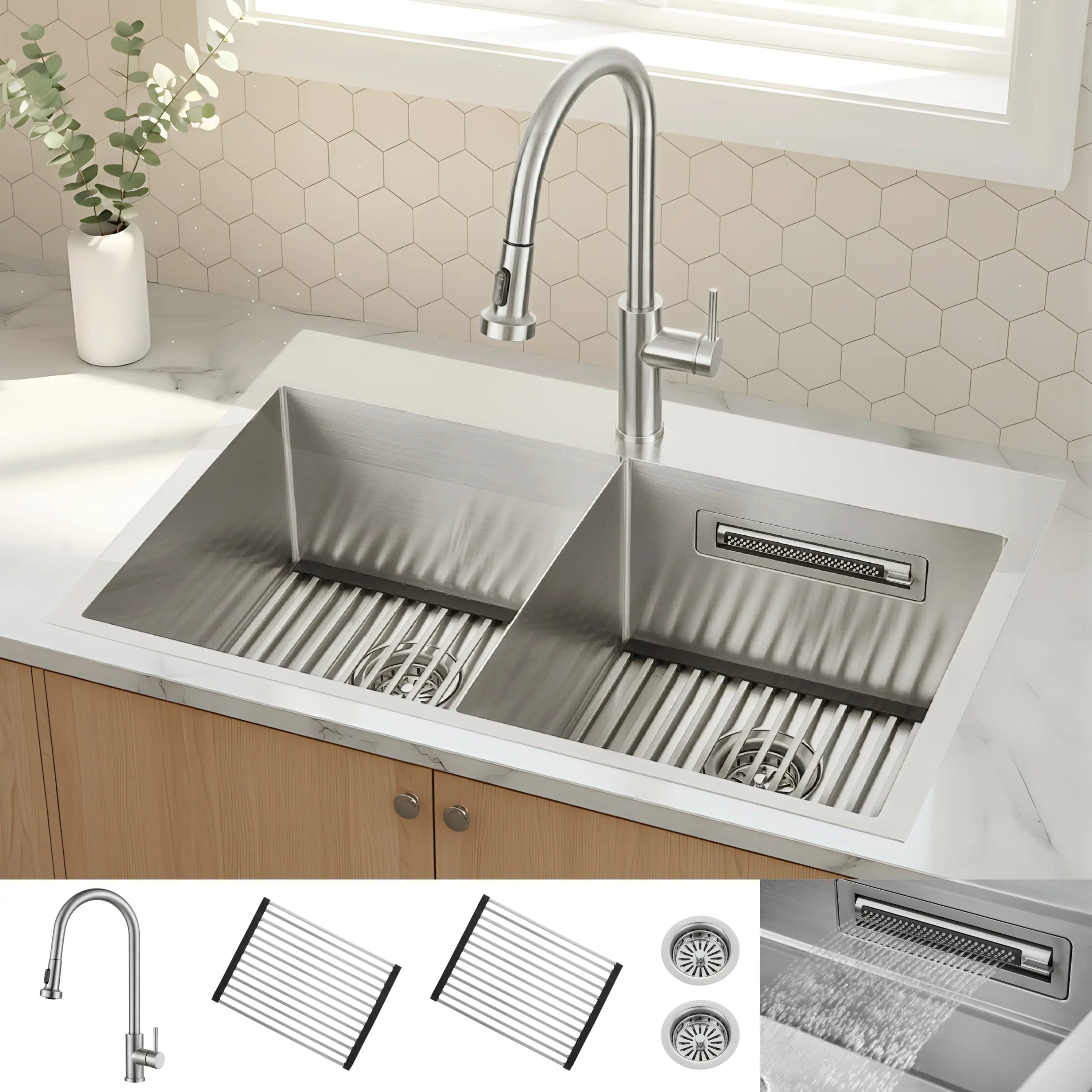 Stainless steel double-bowl sink with pull-down waterfall faucet and divider
