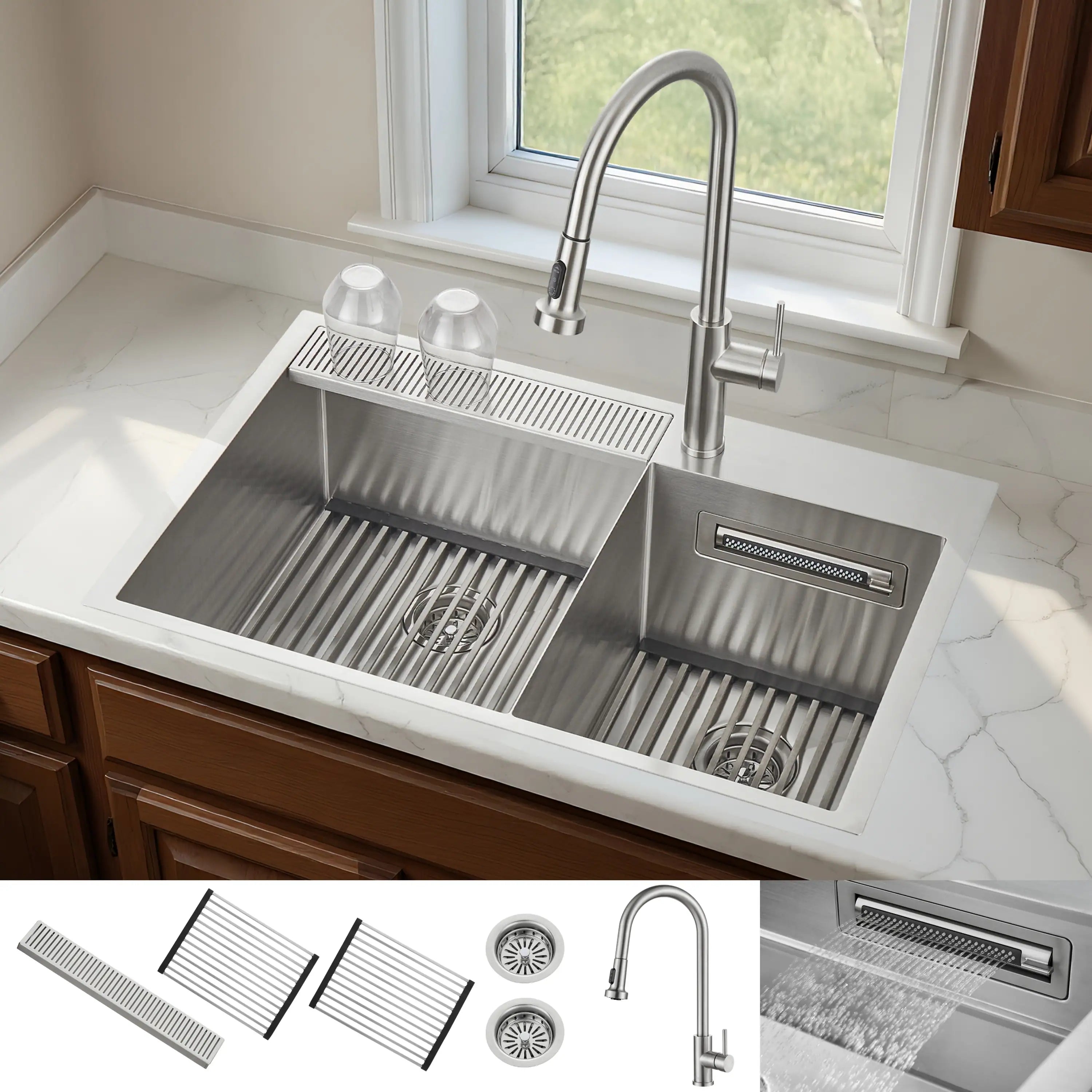 Stainless steel double-bowl drop-in sink with pull-down faucet and installed drain grids