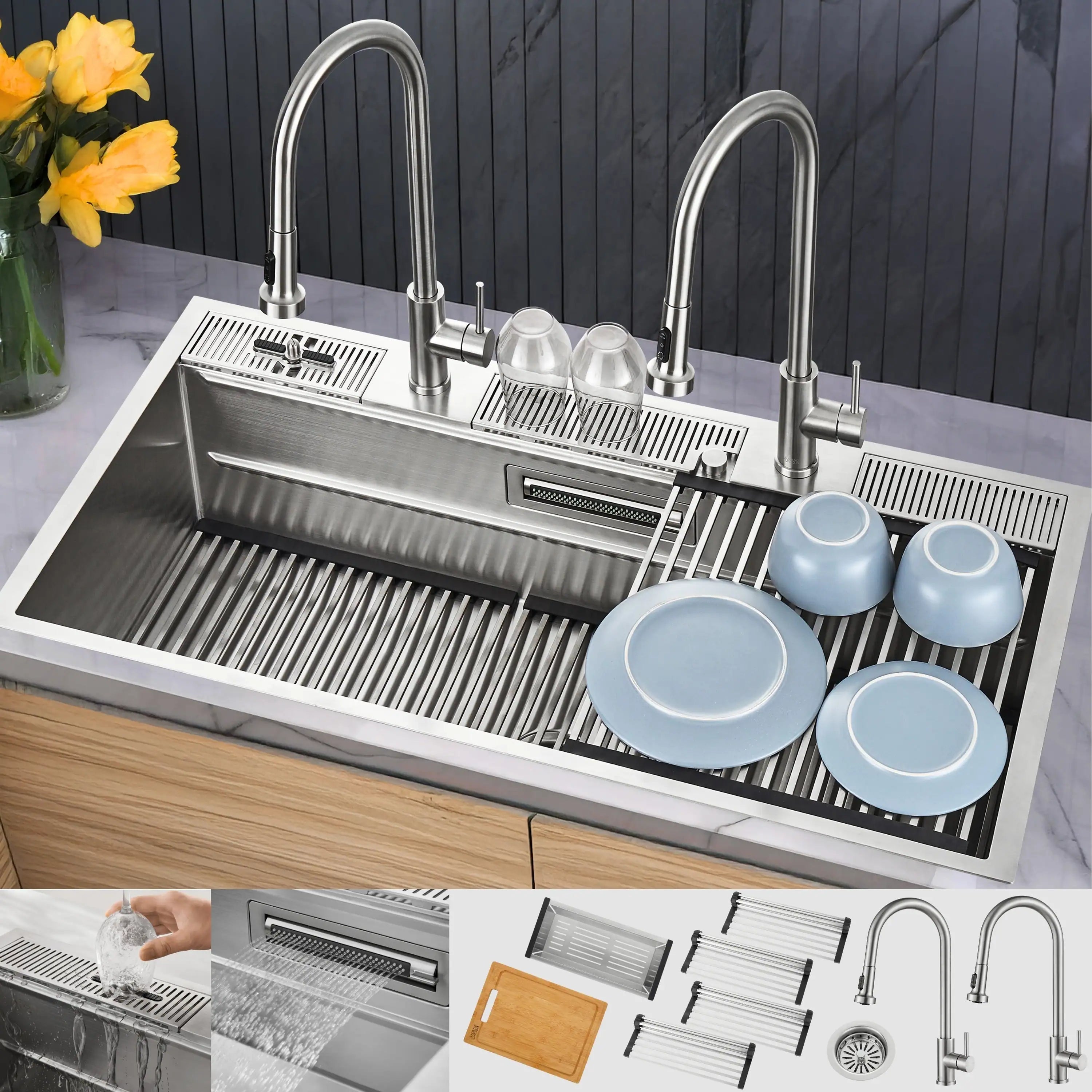 Stainless steel workstation sink with dual faucets and integrated draining stations