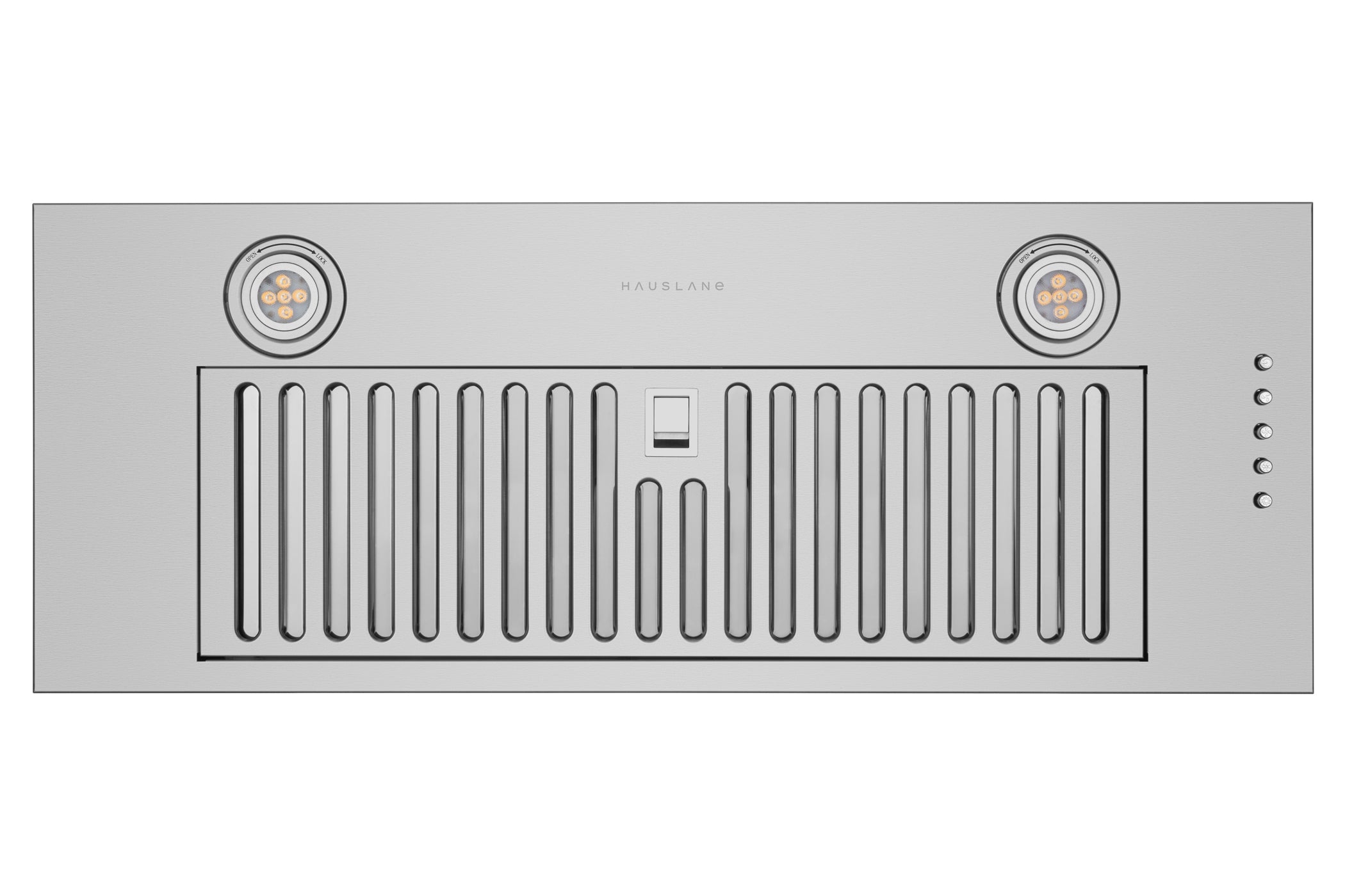 Stainless steel range hood insert with vented filter grille and control lights