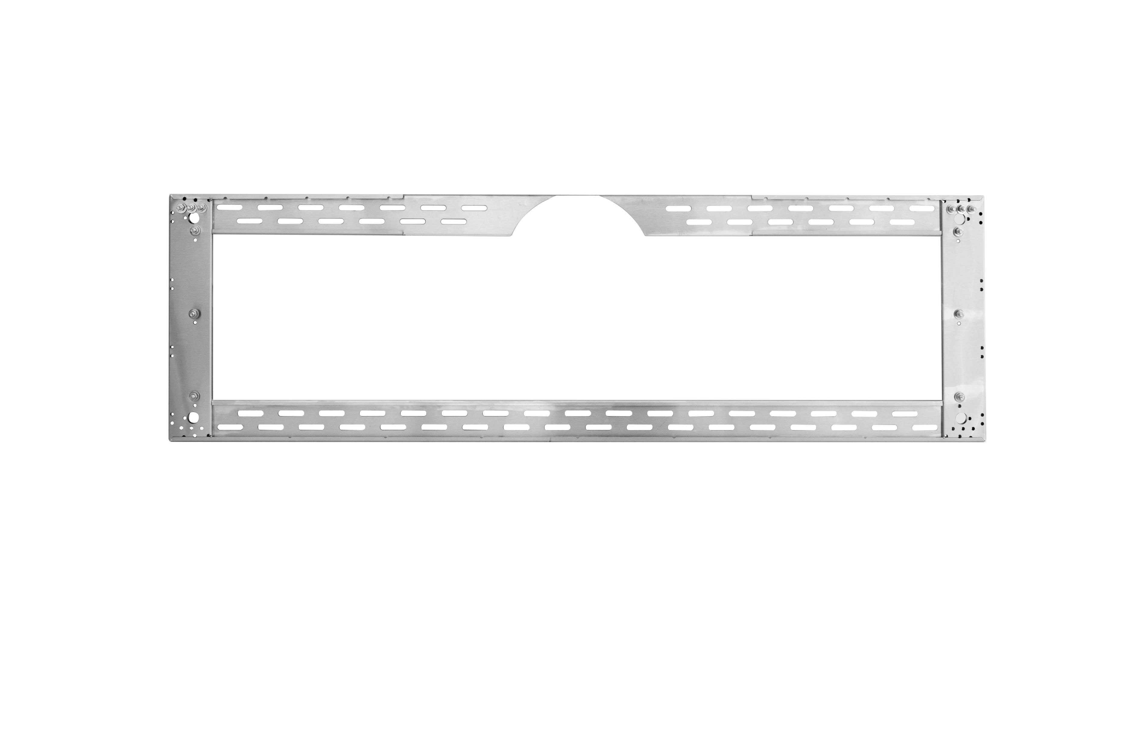 Vent hood mounting bracket frame with perforated steel rails and corner holes