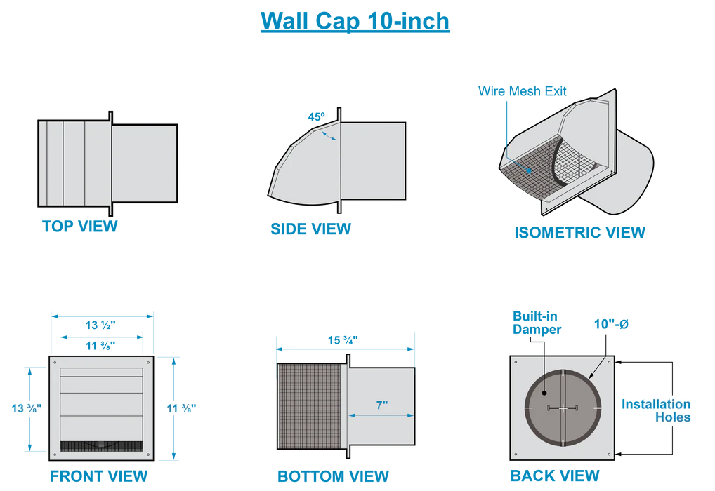 10-inch duct wall cap installation diagram with mounting holes and measurements