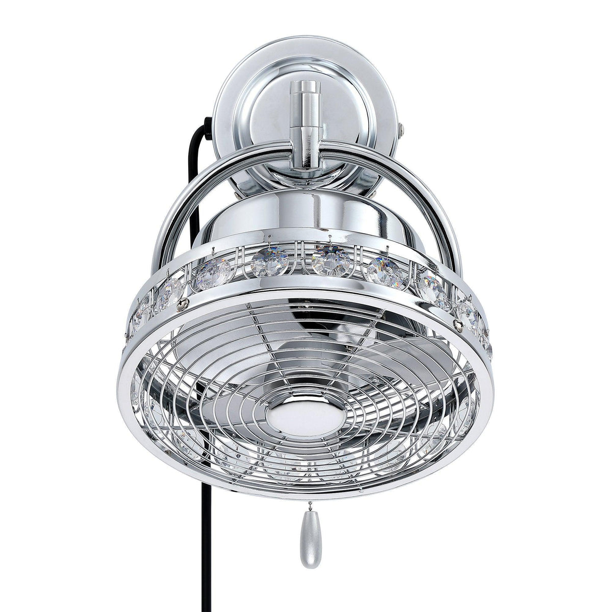 Front view of chrome 10-inch ceiling fan light with pull chain and crystal bulbs