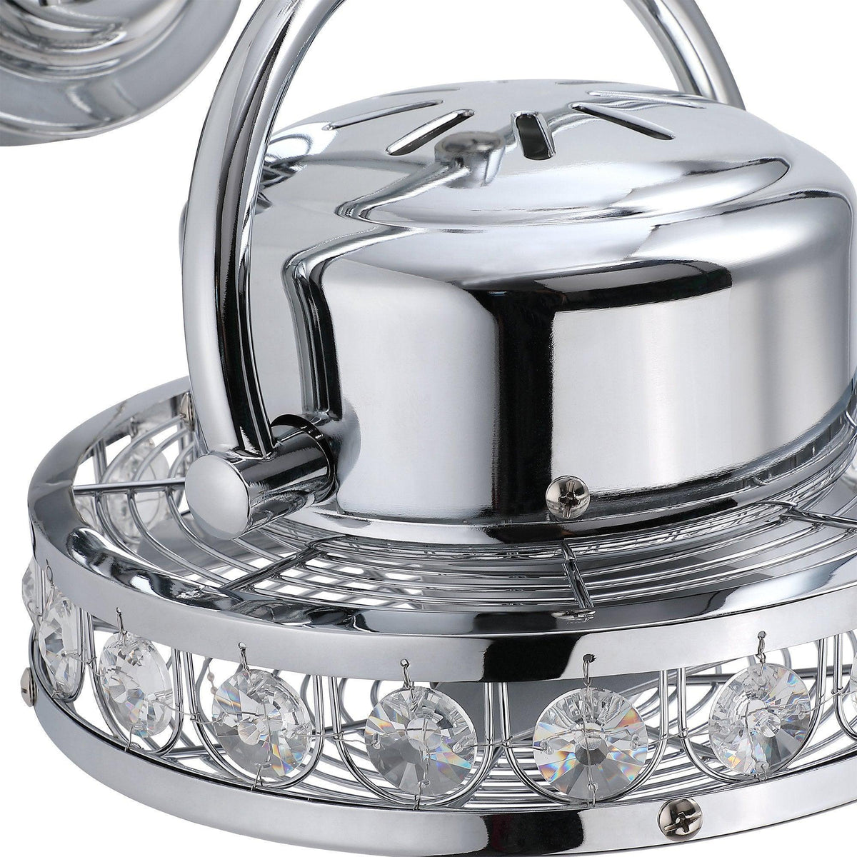 Close-up of chrome ceiling fan light ring with clear crystal bulbs and wire grille