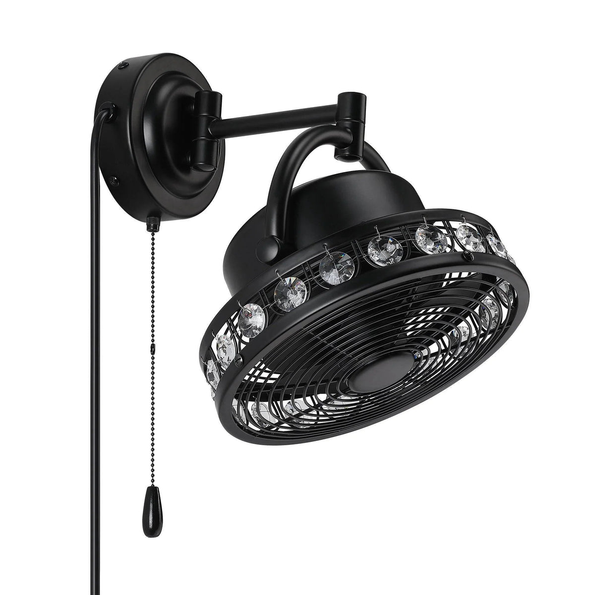 Black 10-inch ceiling fan light fixture with pull chain and clear crystal bulb ring