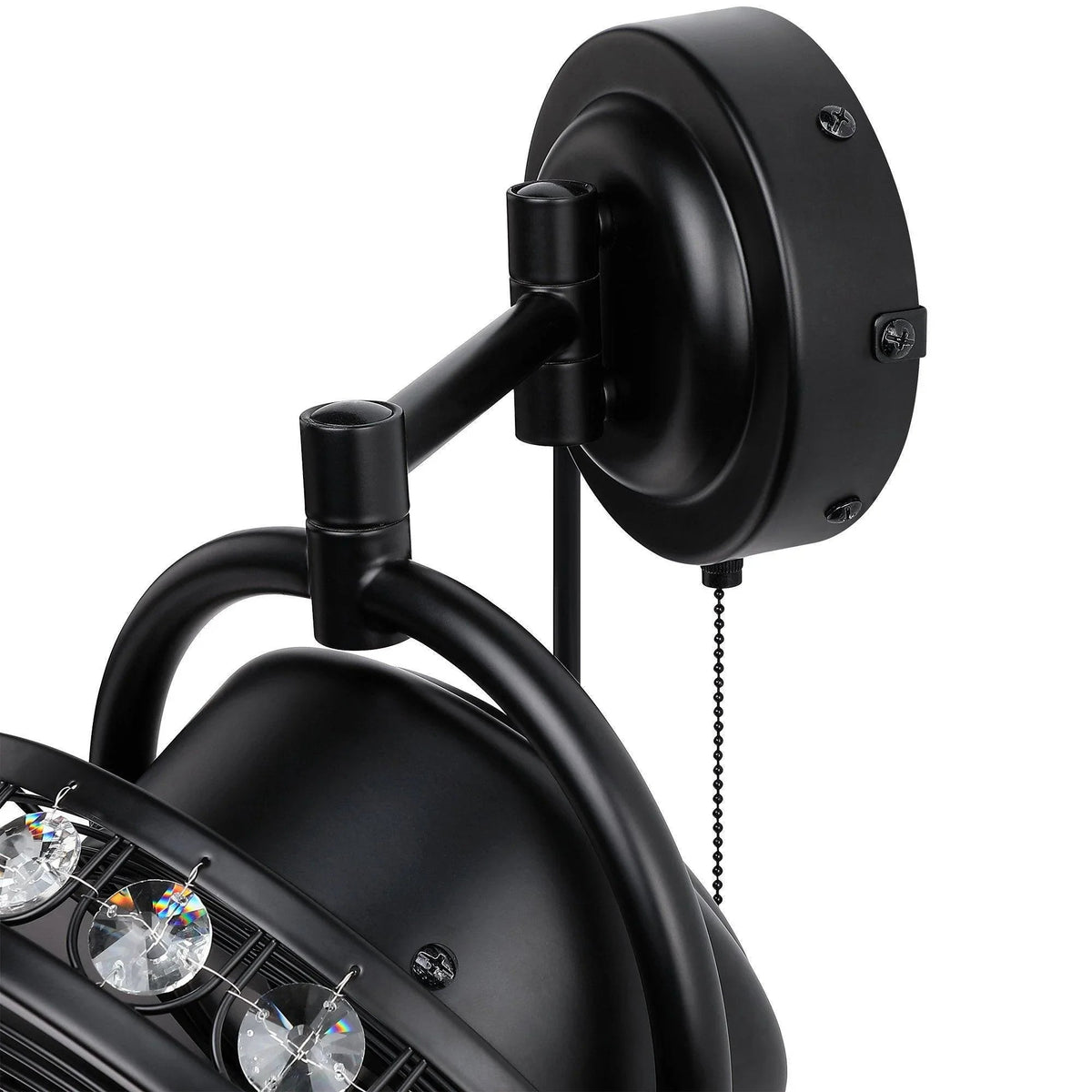 Close view of black ceiling fan light housing with pull chain and mounting bracket