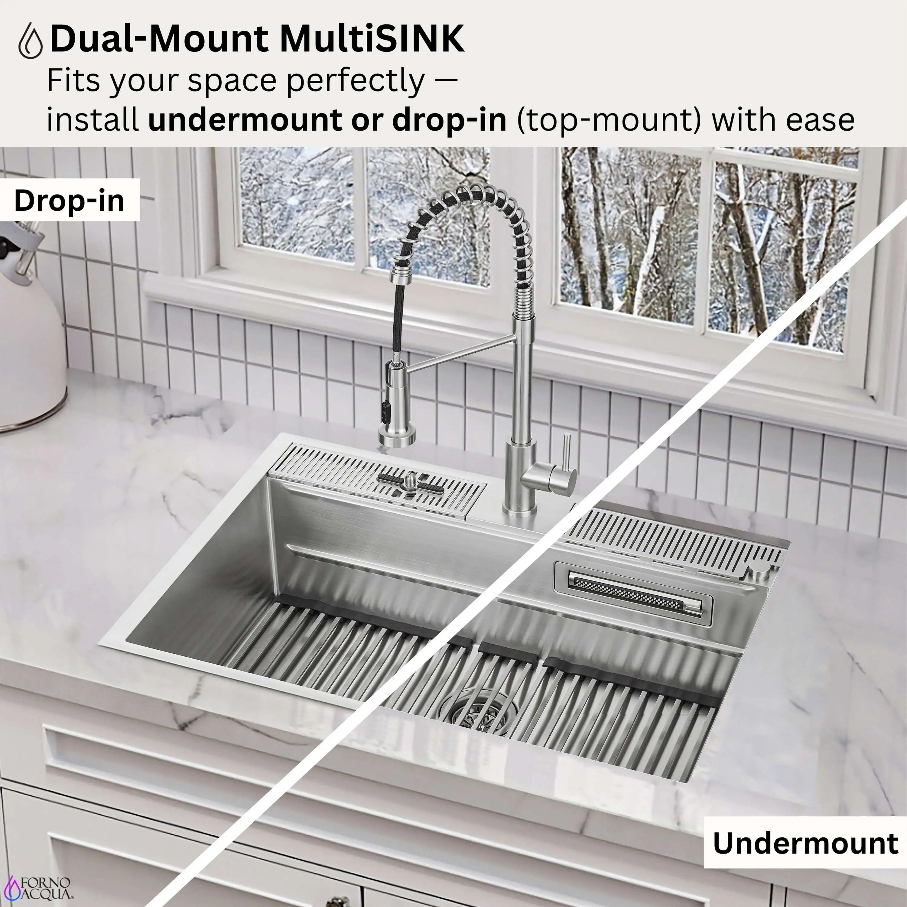 Forno Acqua multisink kit with dual basins and faucet, under-mount or drop-in installation