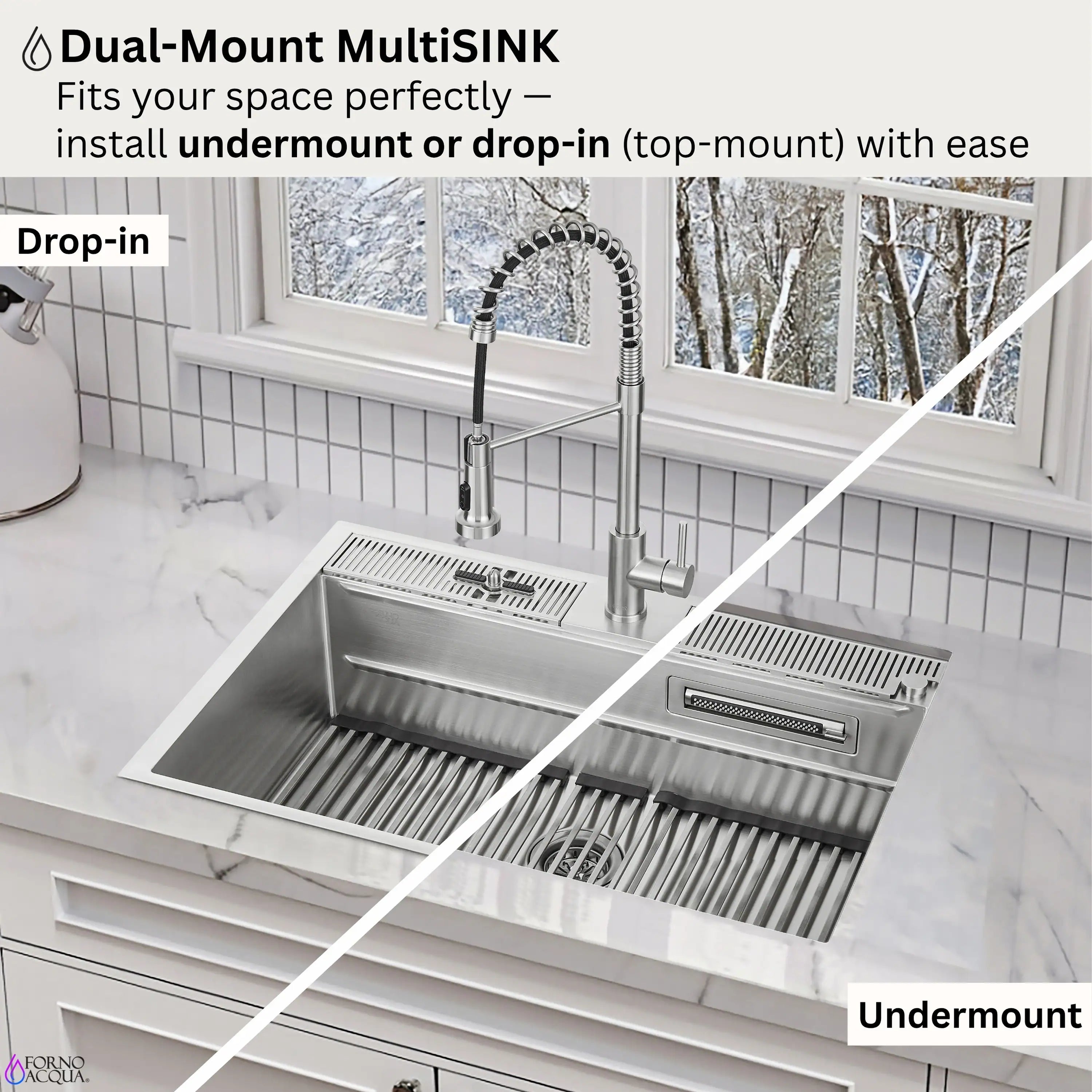 Stainless steel drop-in or undermount double-bowl sink with faucet