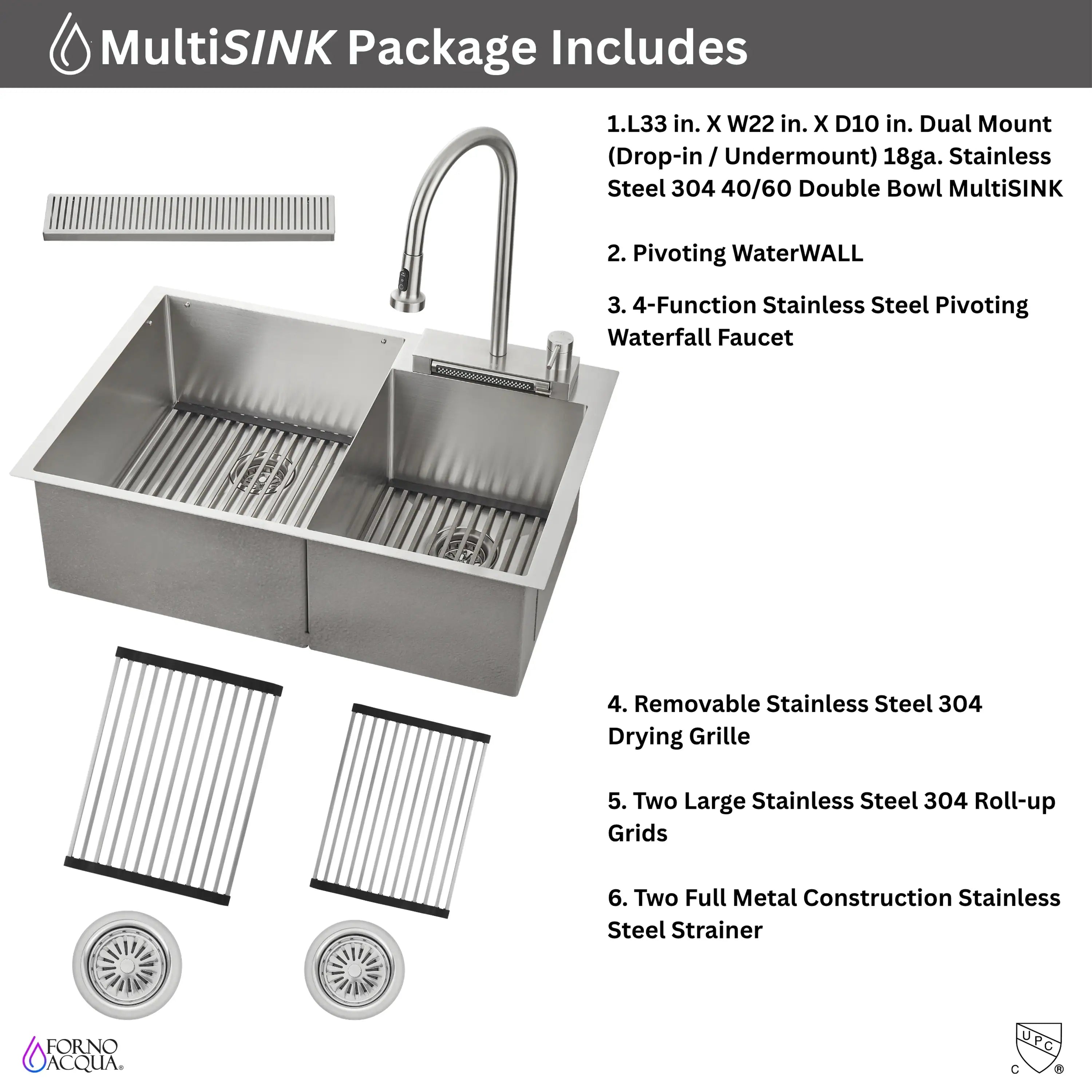 Stainless steel MultiSINK package with waterfall faucet, grids, and strainer pieces