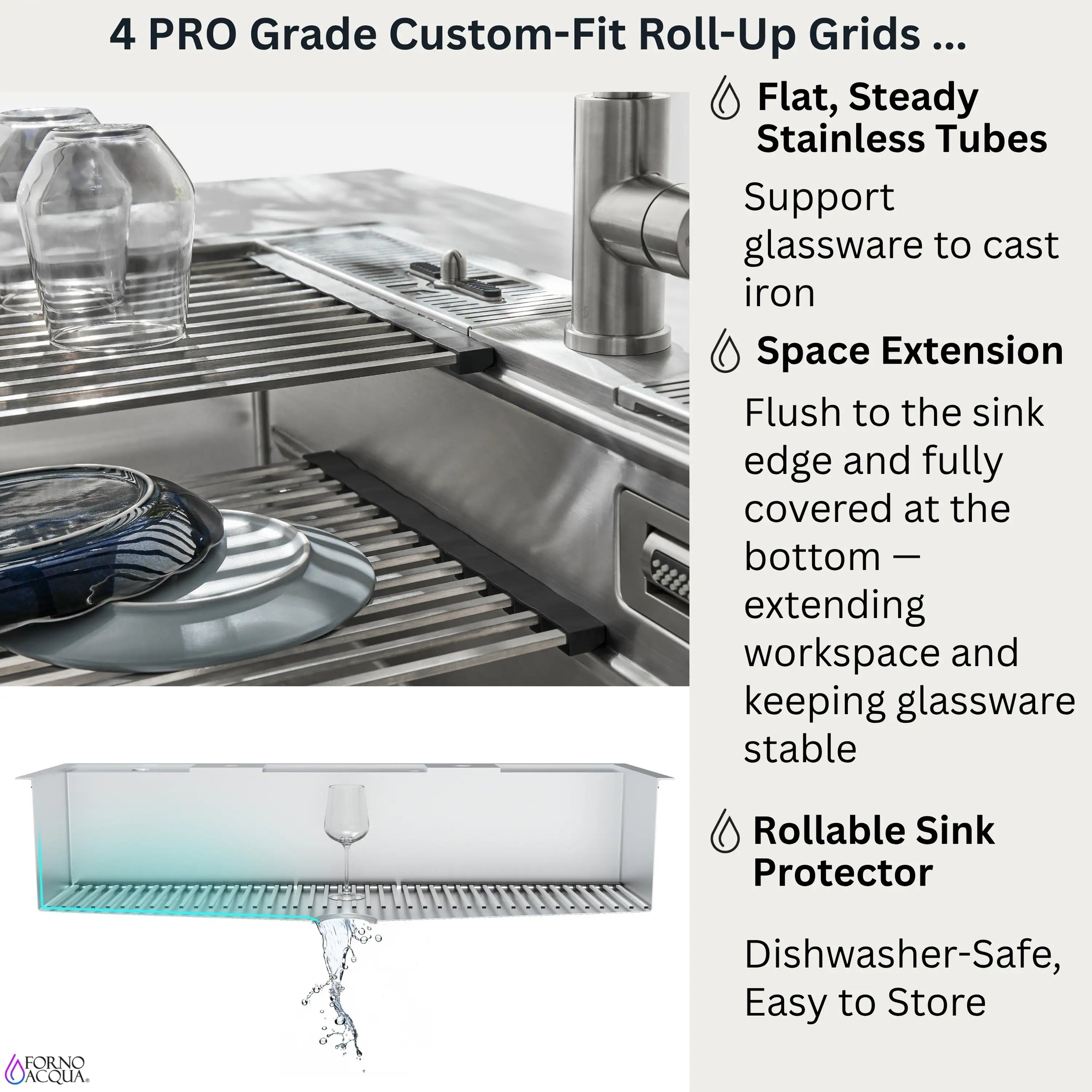 Stainless steel workstation sink with roll-up grids and sturdy support for glassware