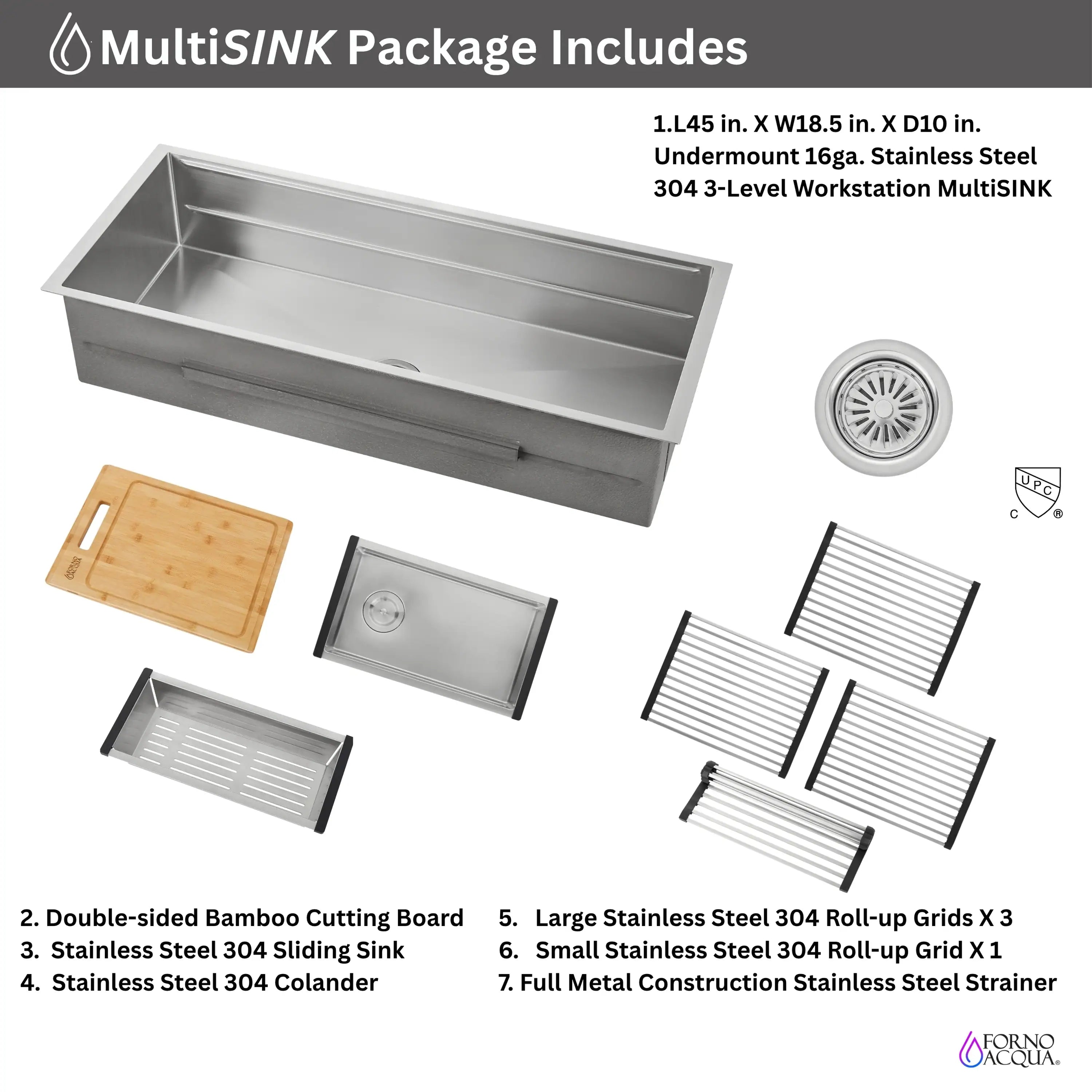 MultiSINK package includes stainless sink, boards, grids, colander, and strainer