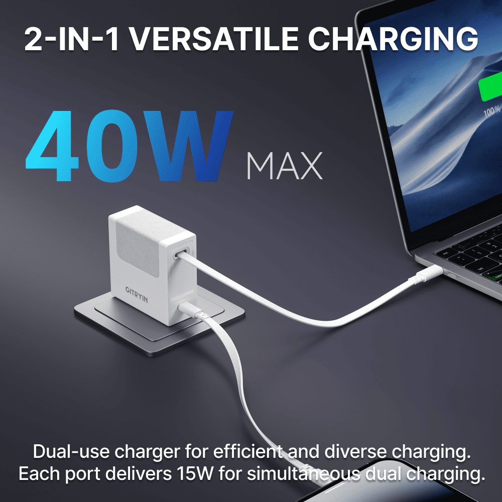 Compact white 40W GaN dual-port charger with retractable cable