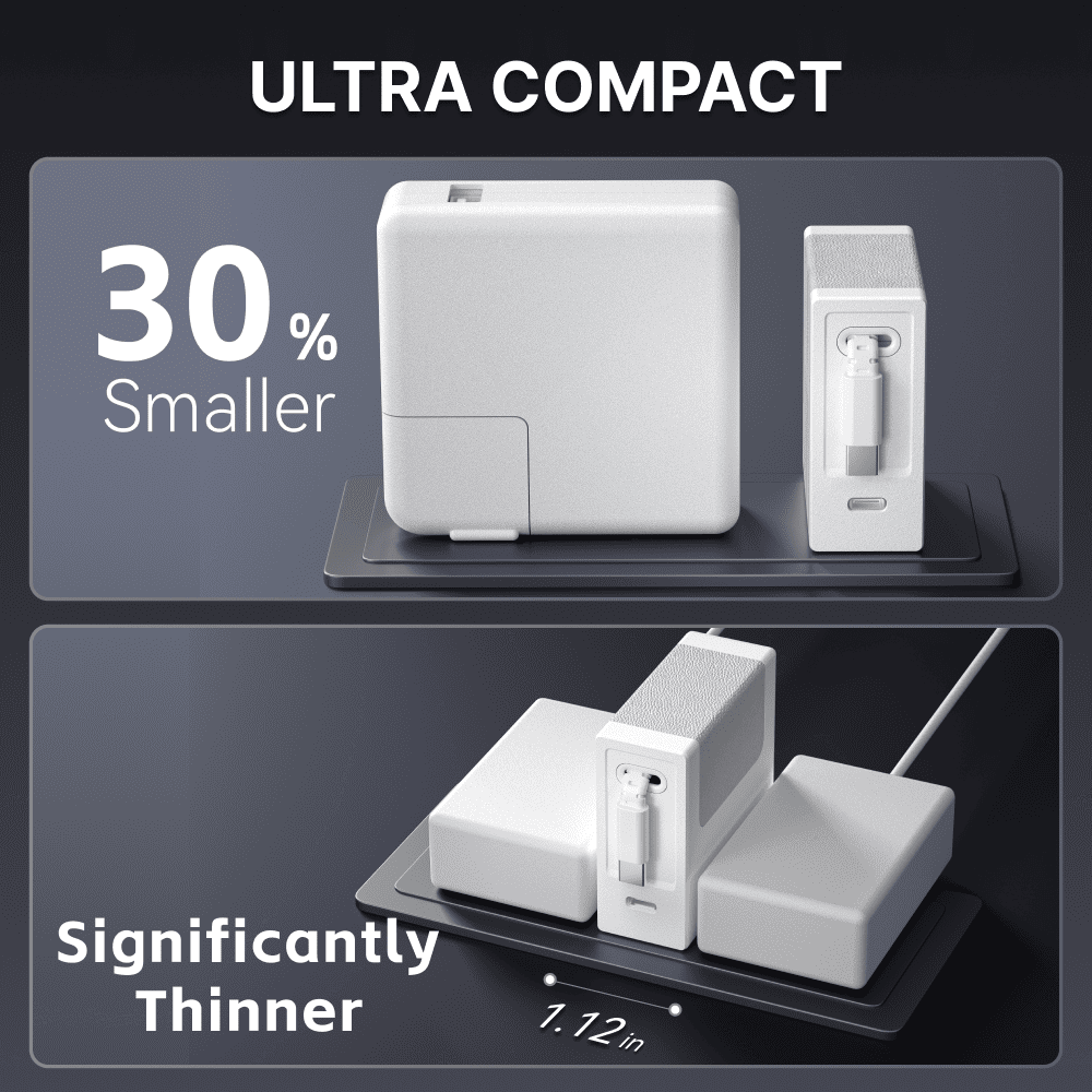 White retractable charger with compact fold-out cable and plug, shown upright.