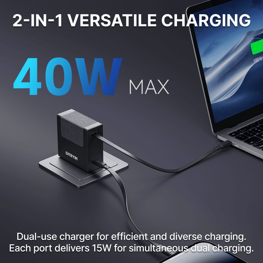 Black 40W max fast charger with retractable built-in charging cable