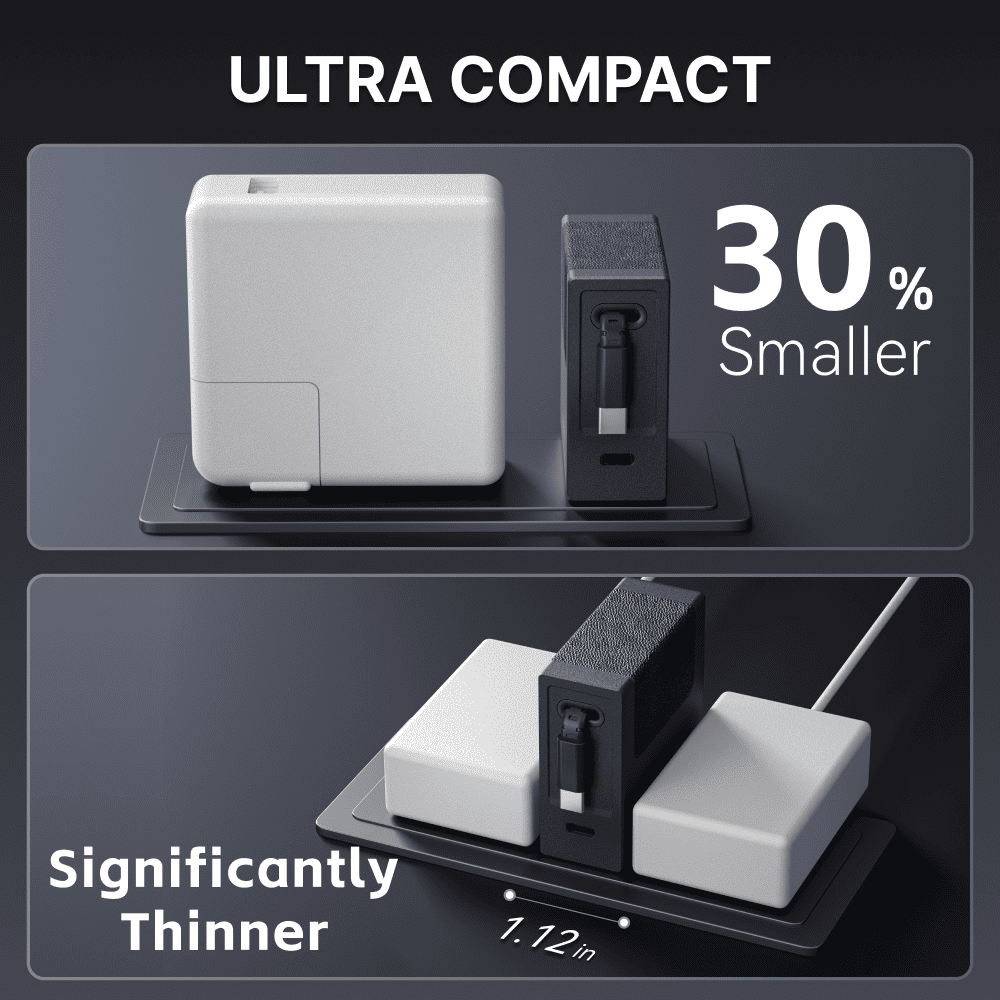 Ultracompact white GaN charger with retractable plug on a charging stand