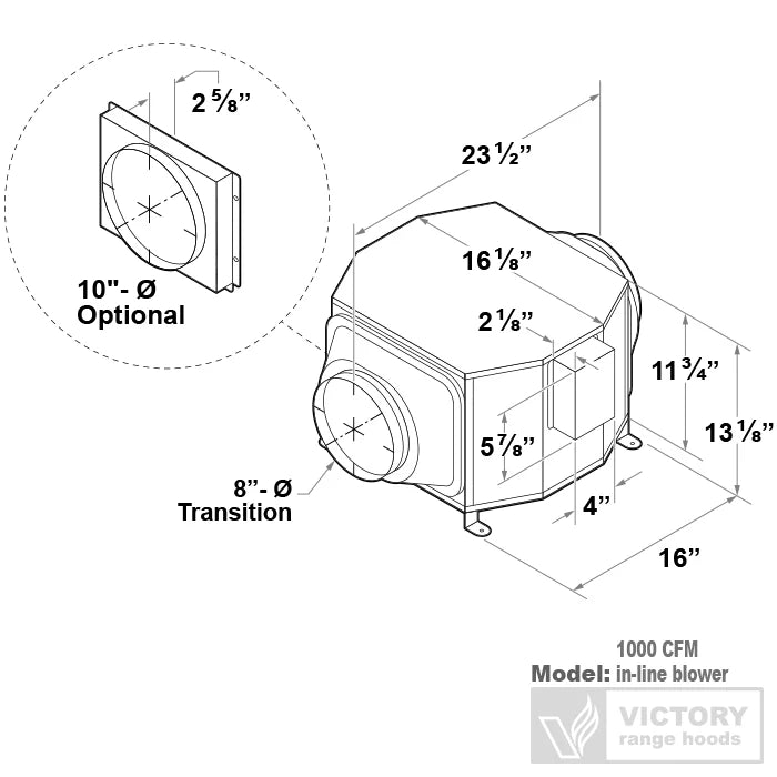 In-line duct blower model diagram with dimensions and transition adapter