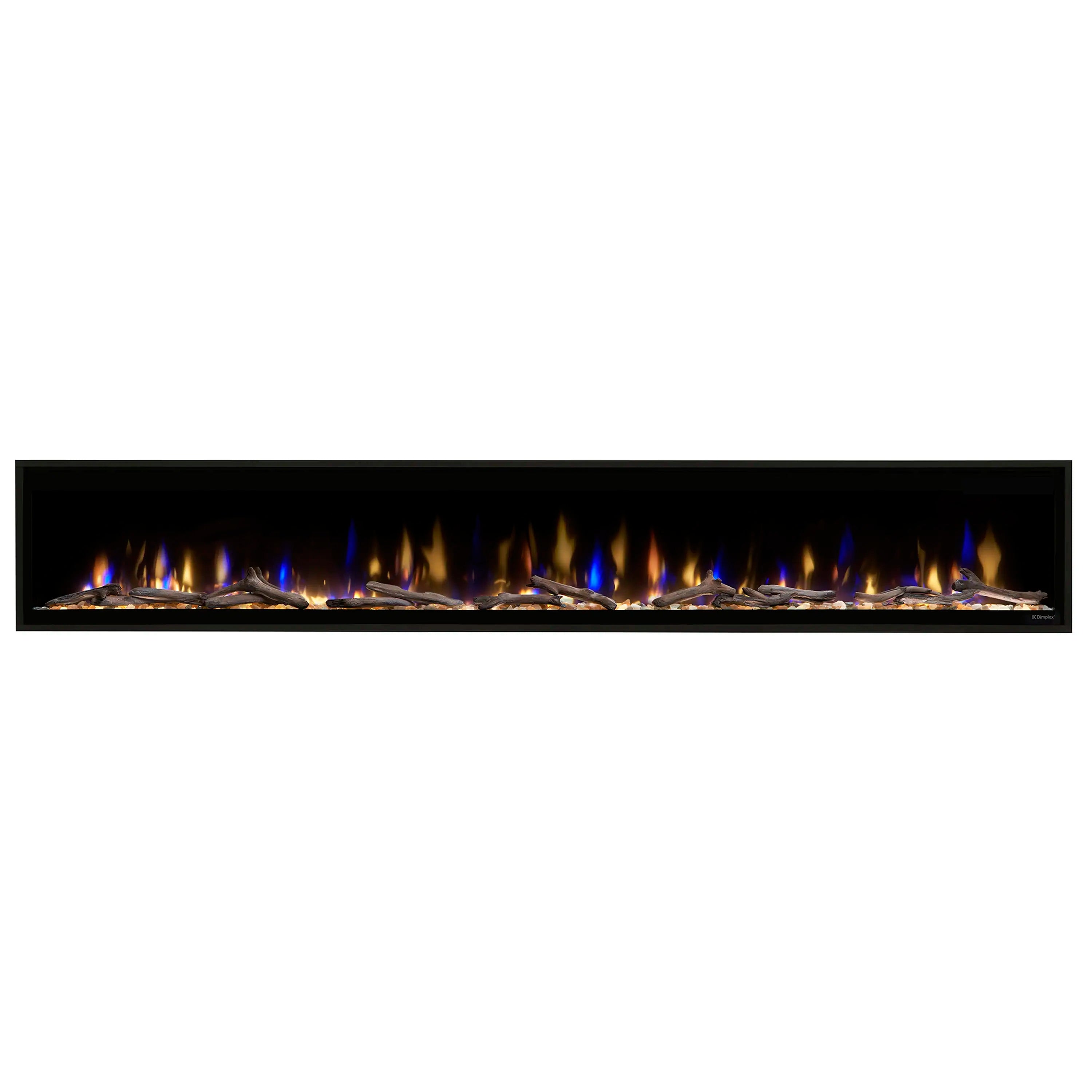 Linear electric fireplace with blue flame accents behind clear screen and dark frame