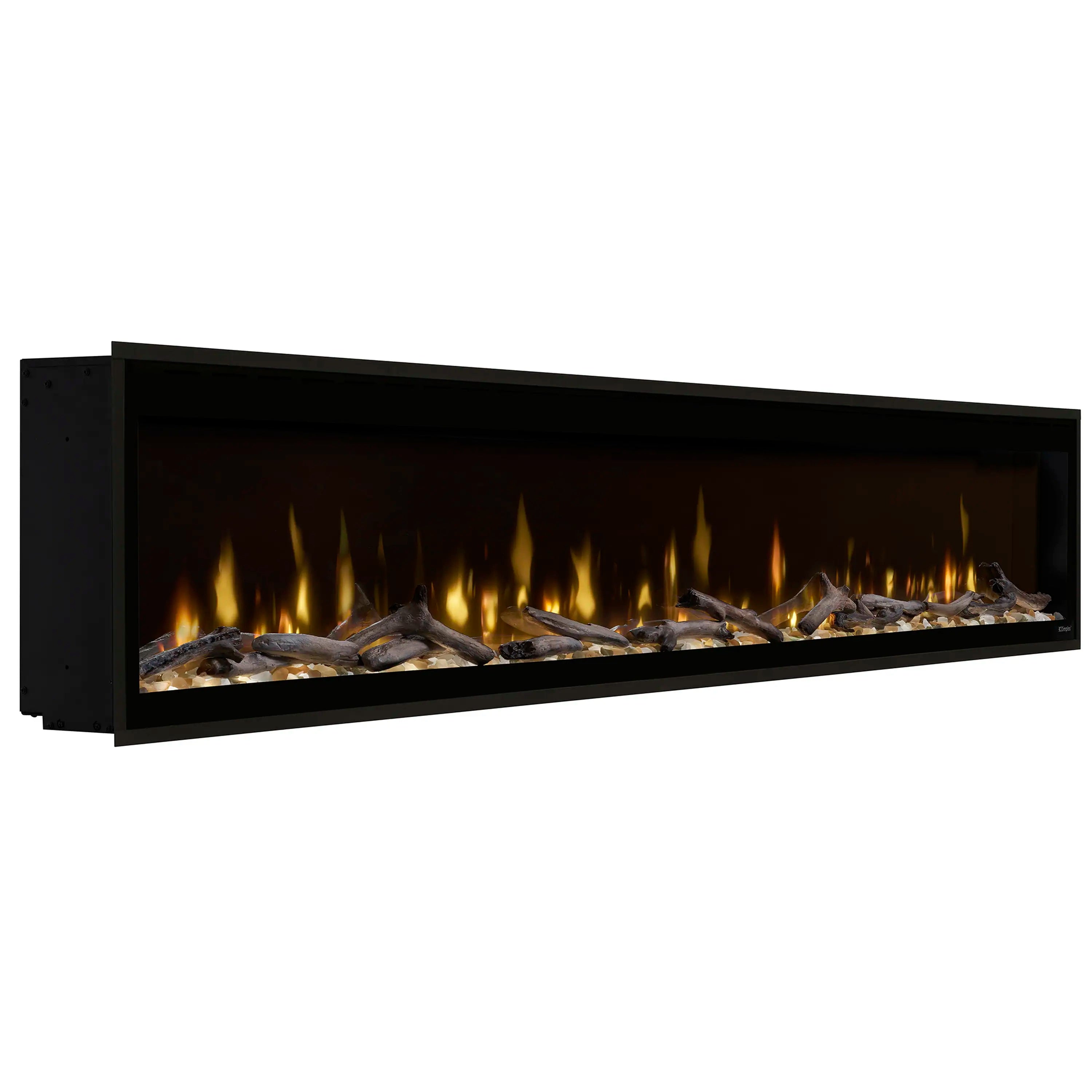Built-in linear electric fireplace with faux logs, glass window, and golden flame effect