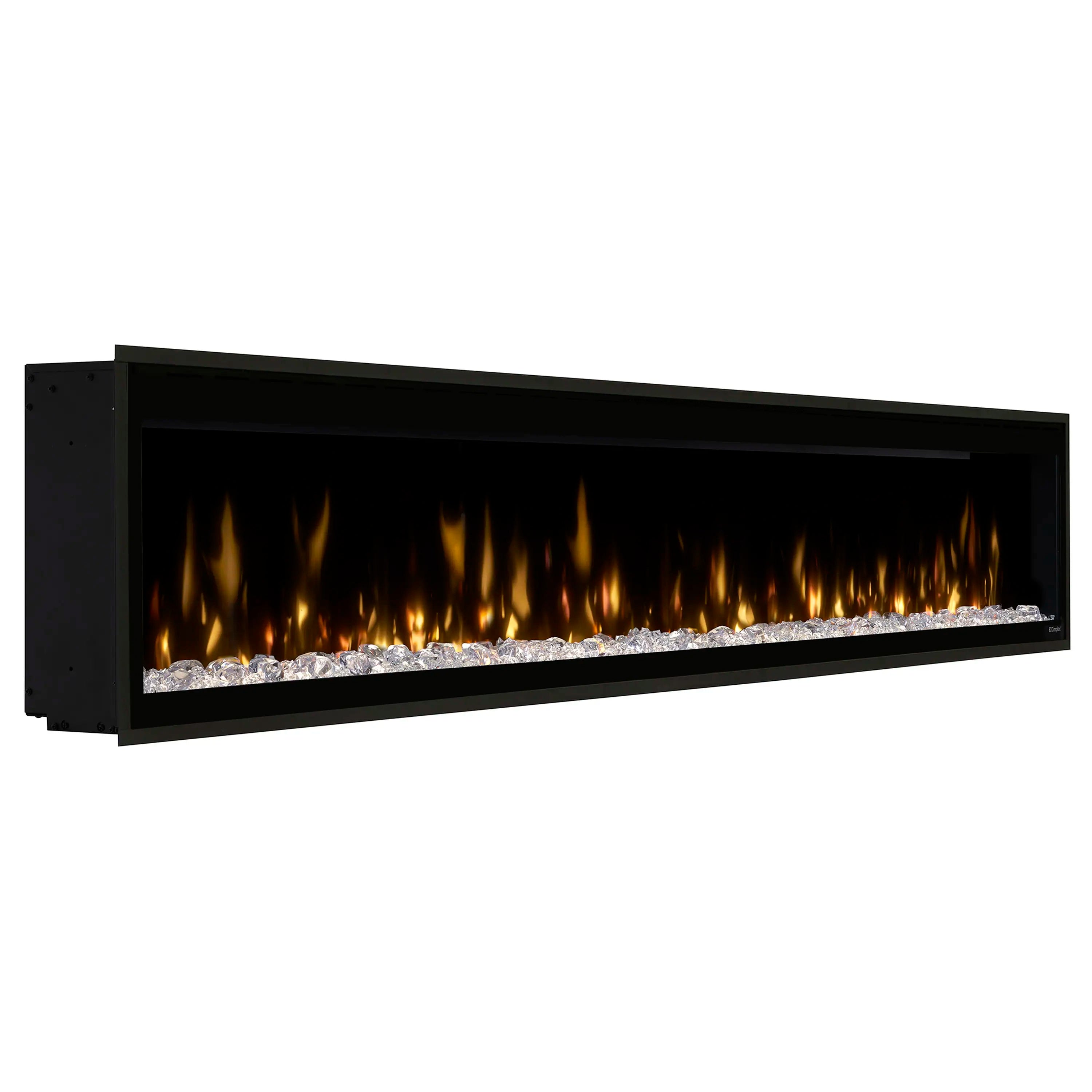 Built-in linear electric fireplace with black frame and glowing flame over silver embers