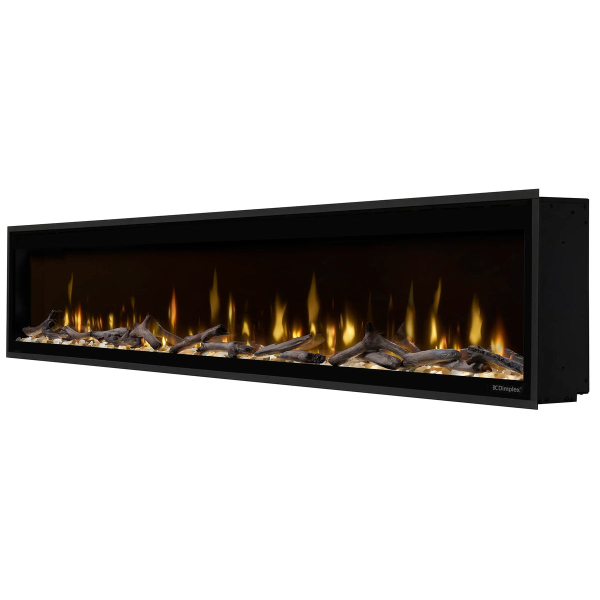 Linear electric fireplace with faux logs, glass window, and black housing