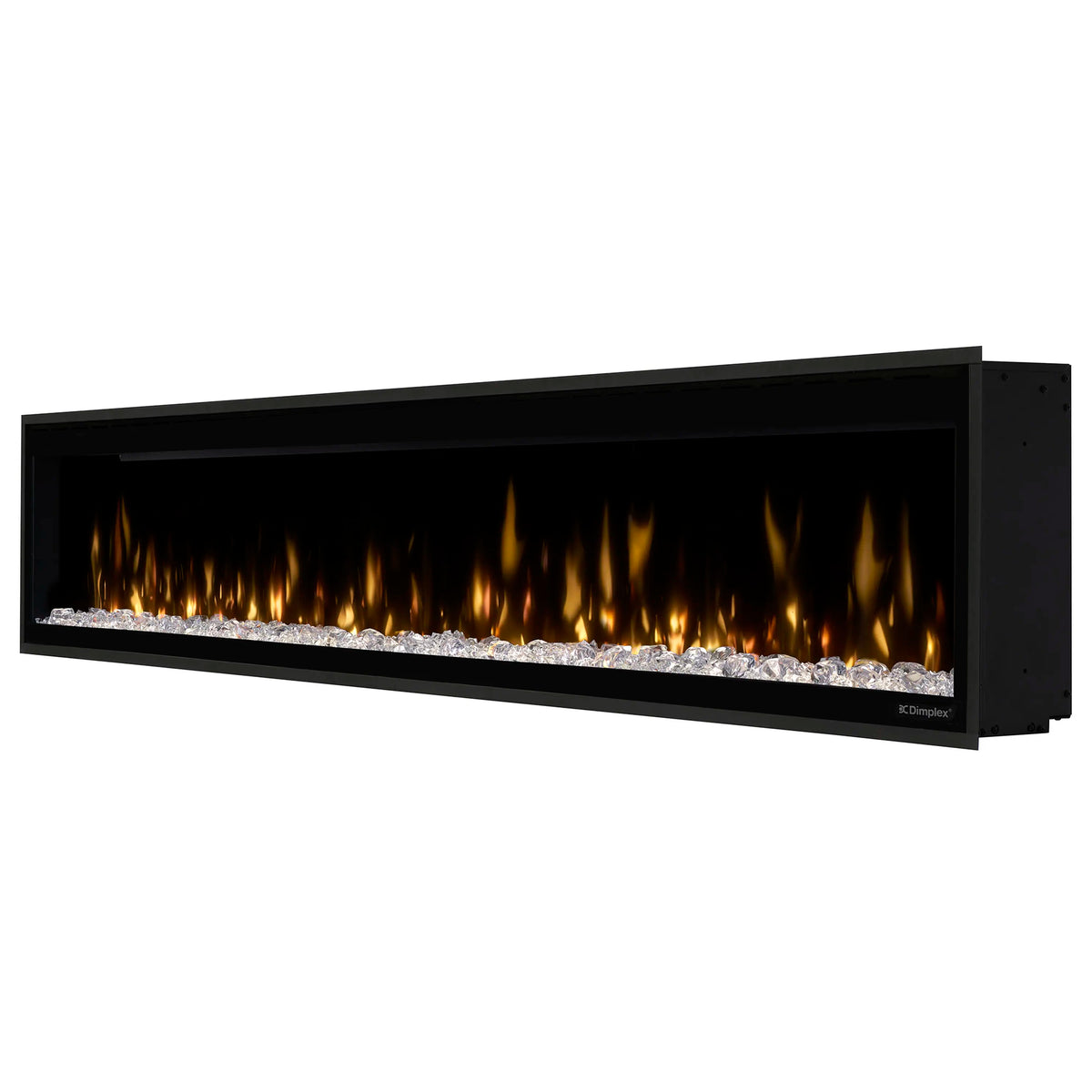 Built-in linear electric fireplace insert with black frame and flickering yellow flames