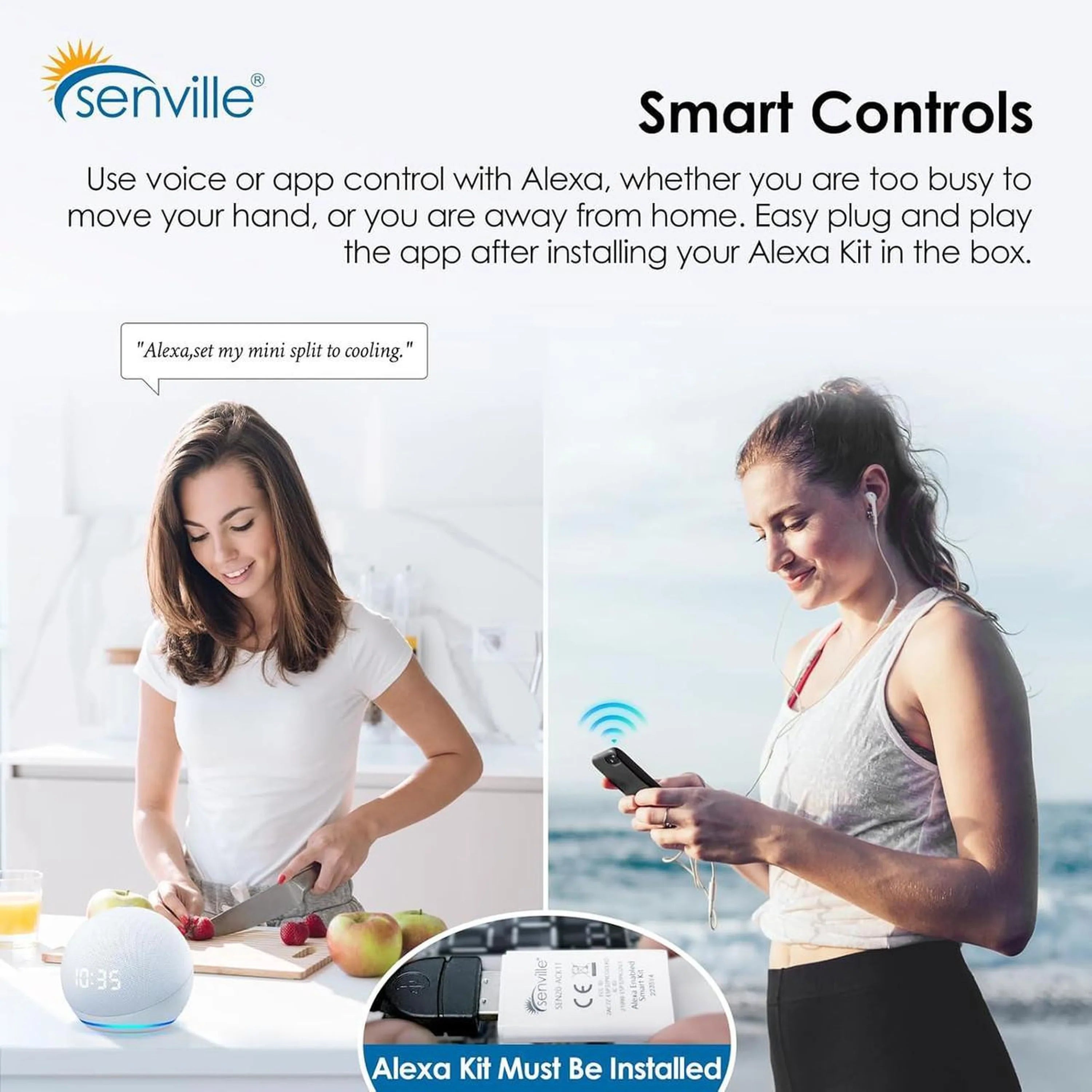 Mini split smart control kit with remote and app control shown with phone users