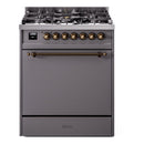 ILVE Nostalgie II 30-Inch Natural Gas Dual Fuel Range with Solid Door in Matte Graphite with Bronze Trim (UP30QNMPMGB)