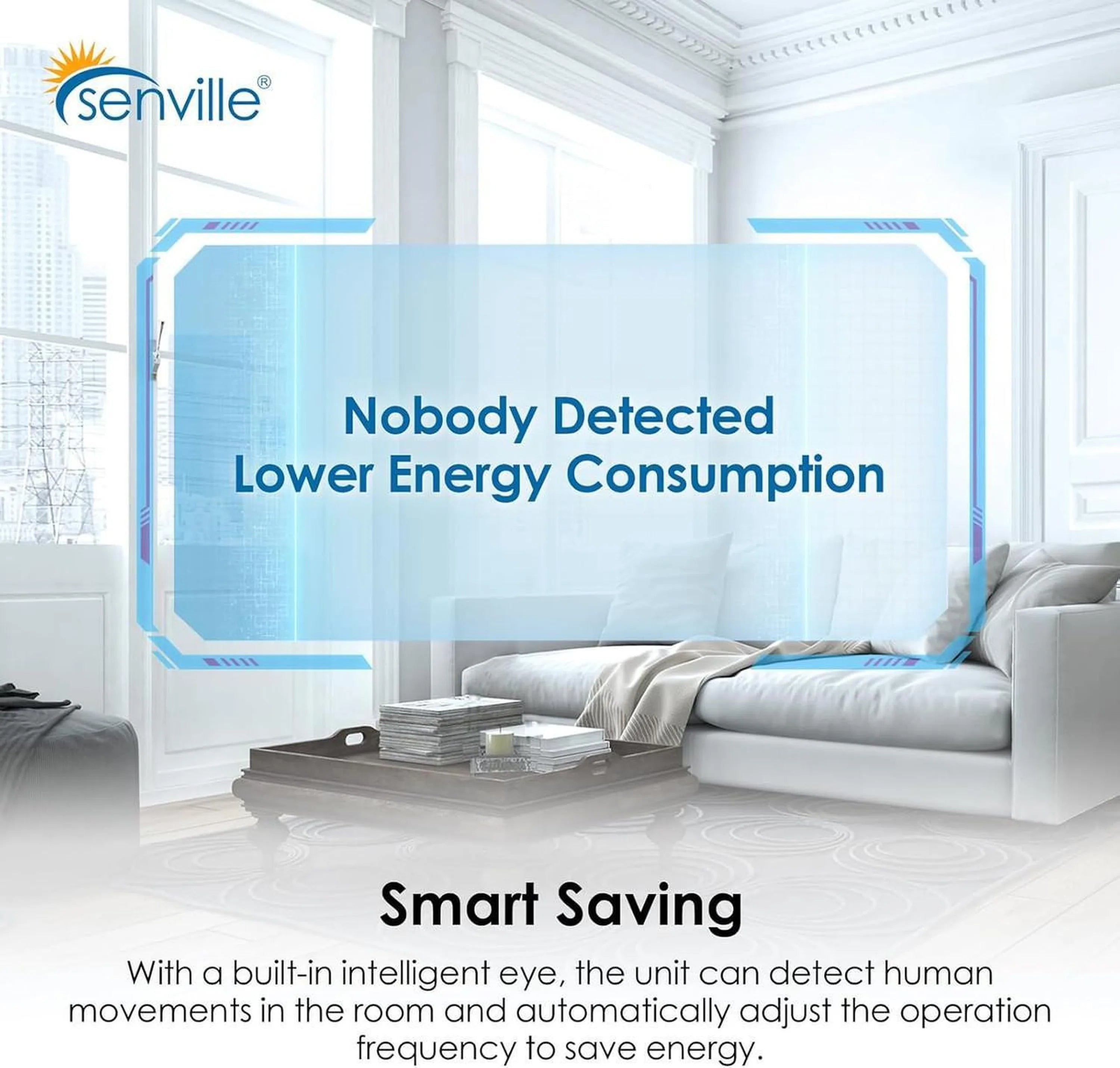 Wall-mounted mini split indoor unit with motion-sensing comfort graphic overlay