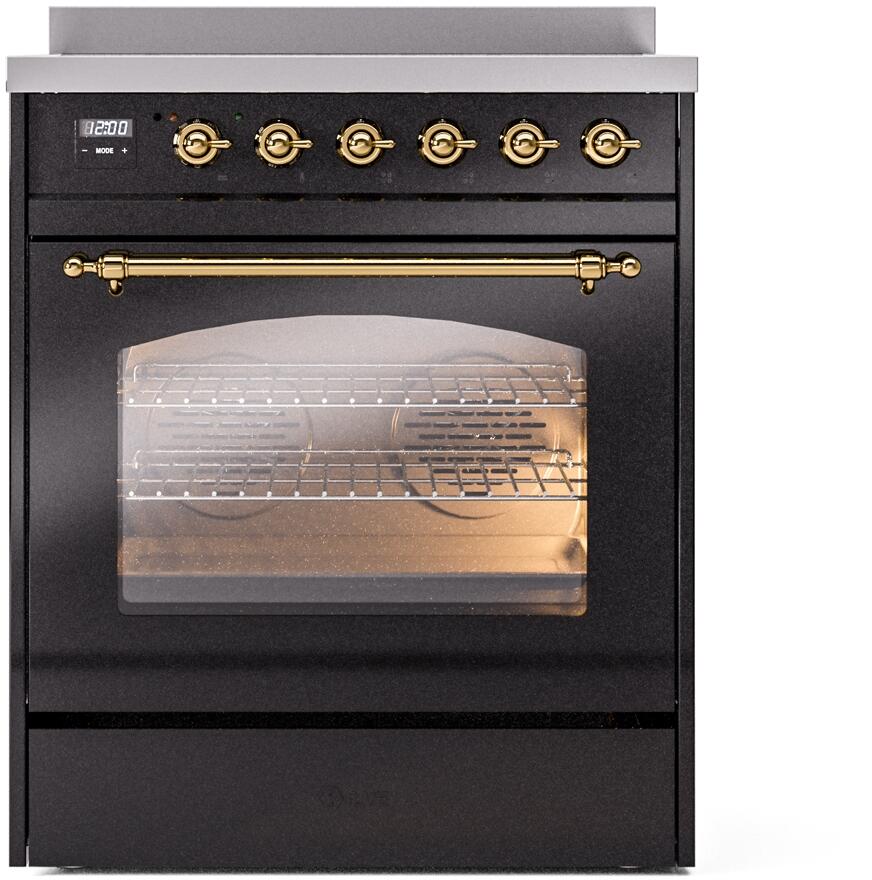 Freestanding electric induction range, glossy black with brass knobs and oven door window