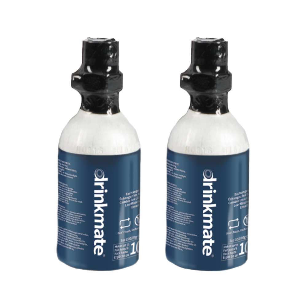 CO2 cylinders twin pack with black valve tops, white and blue Drinkmate canisters