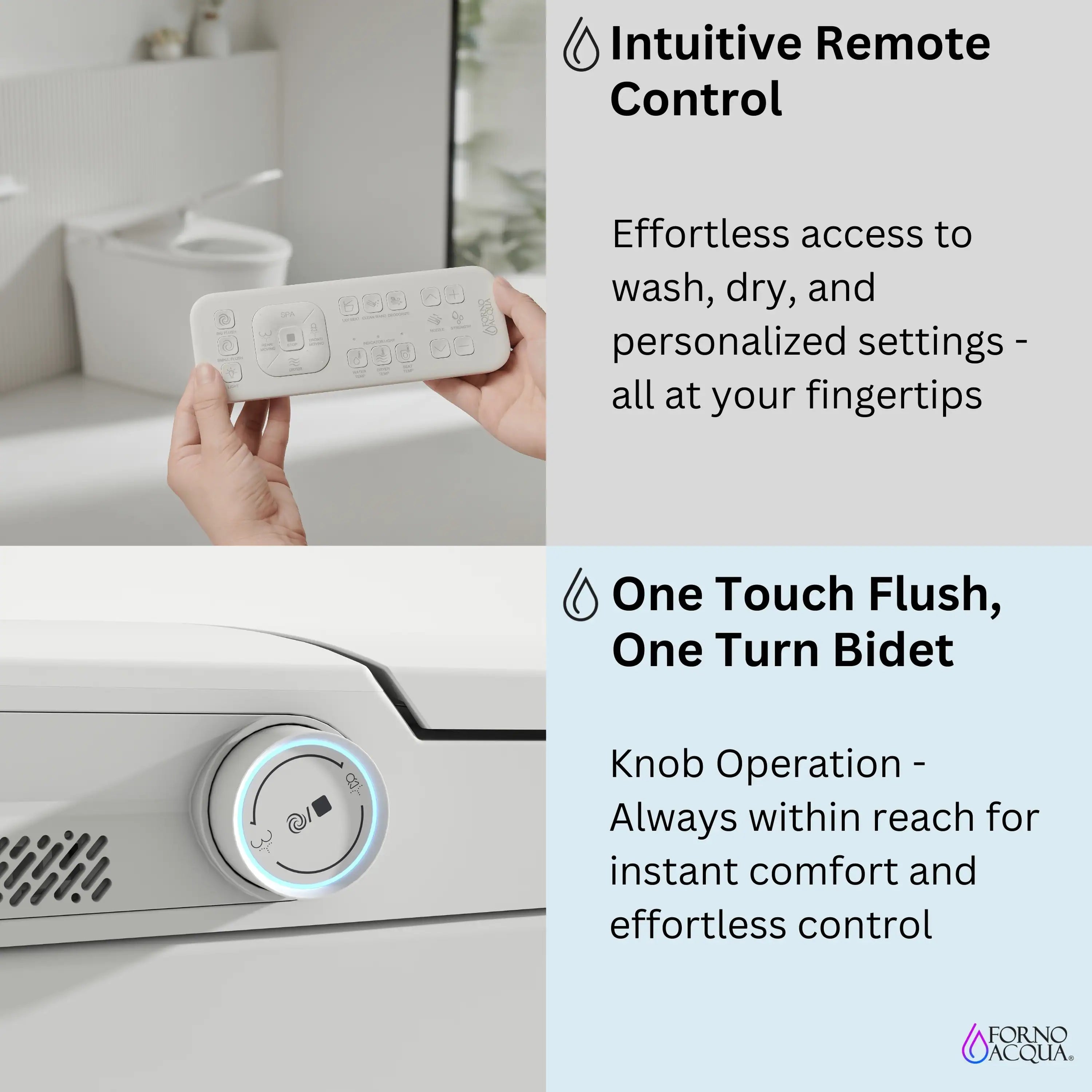 Smart toilet with handheld remote control and front control dial