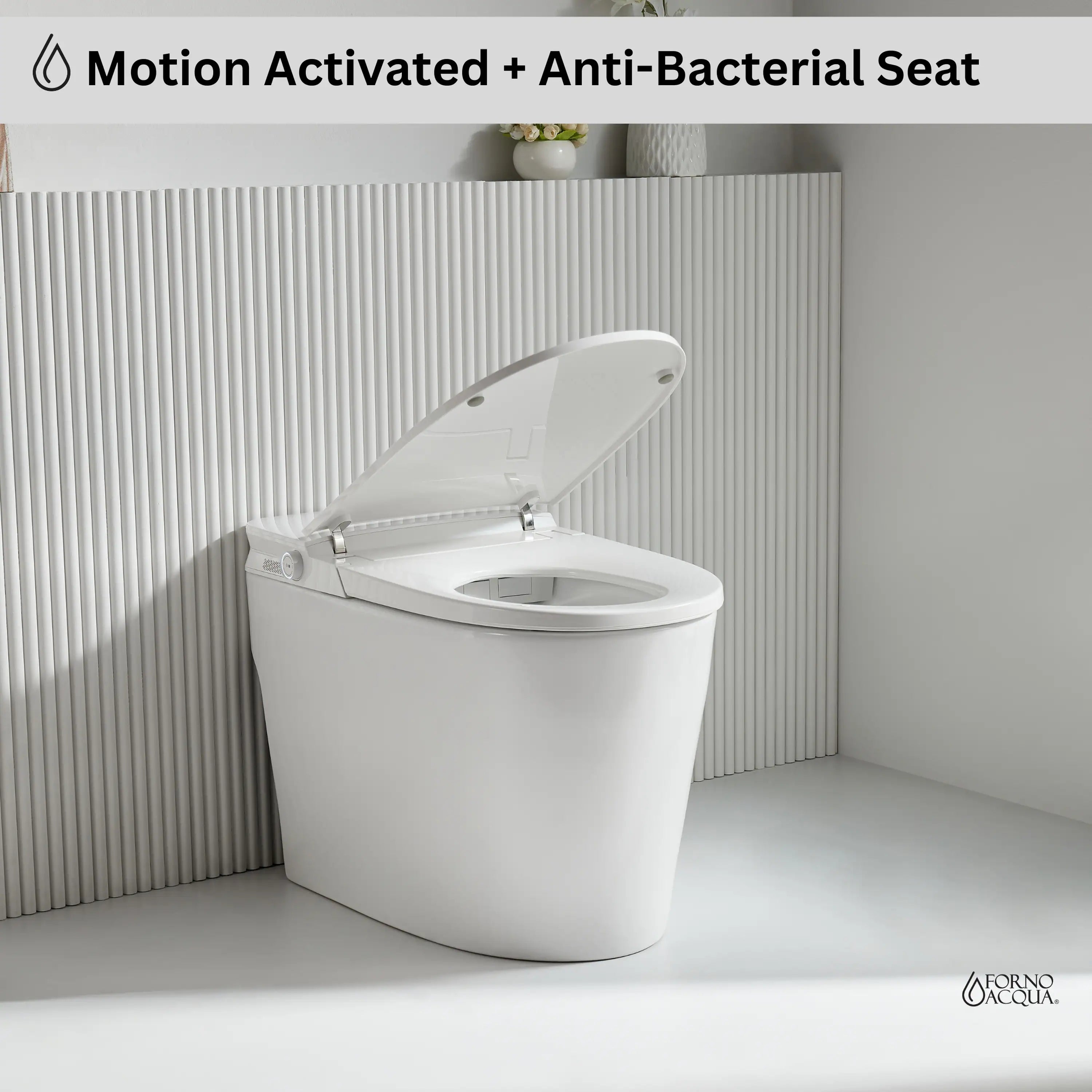 White smart toilet with open lid, seat, and motion-activated lid position