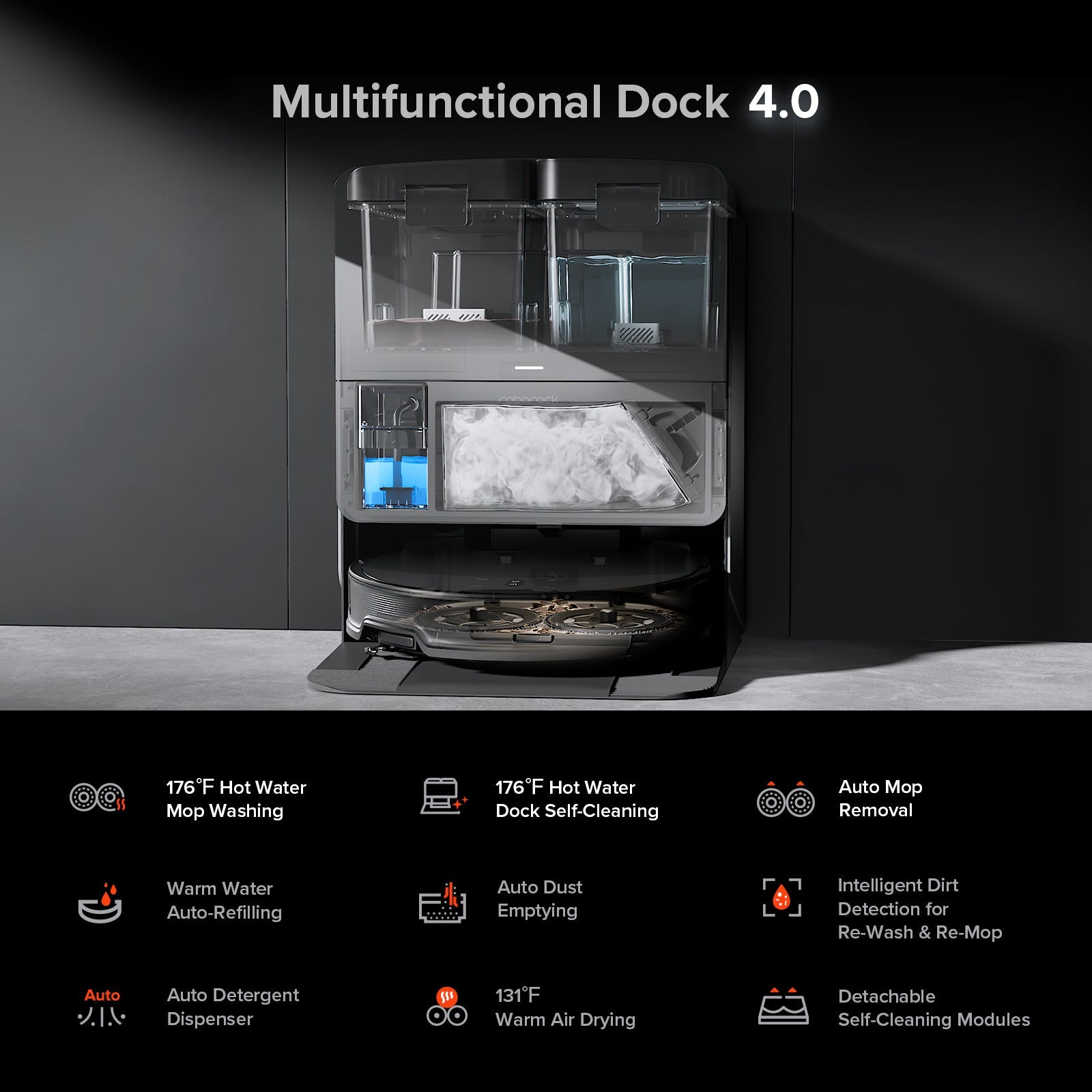 Open view of multifunction dock with water tank, mop tray, and cleaning compartments