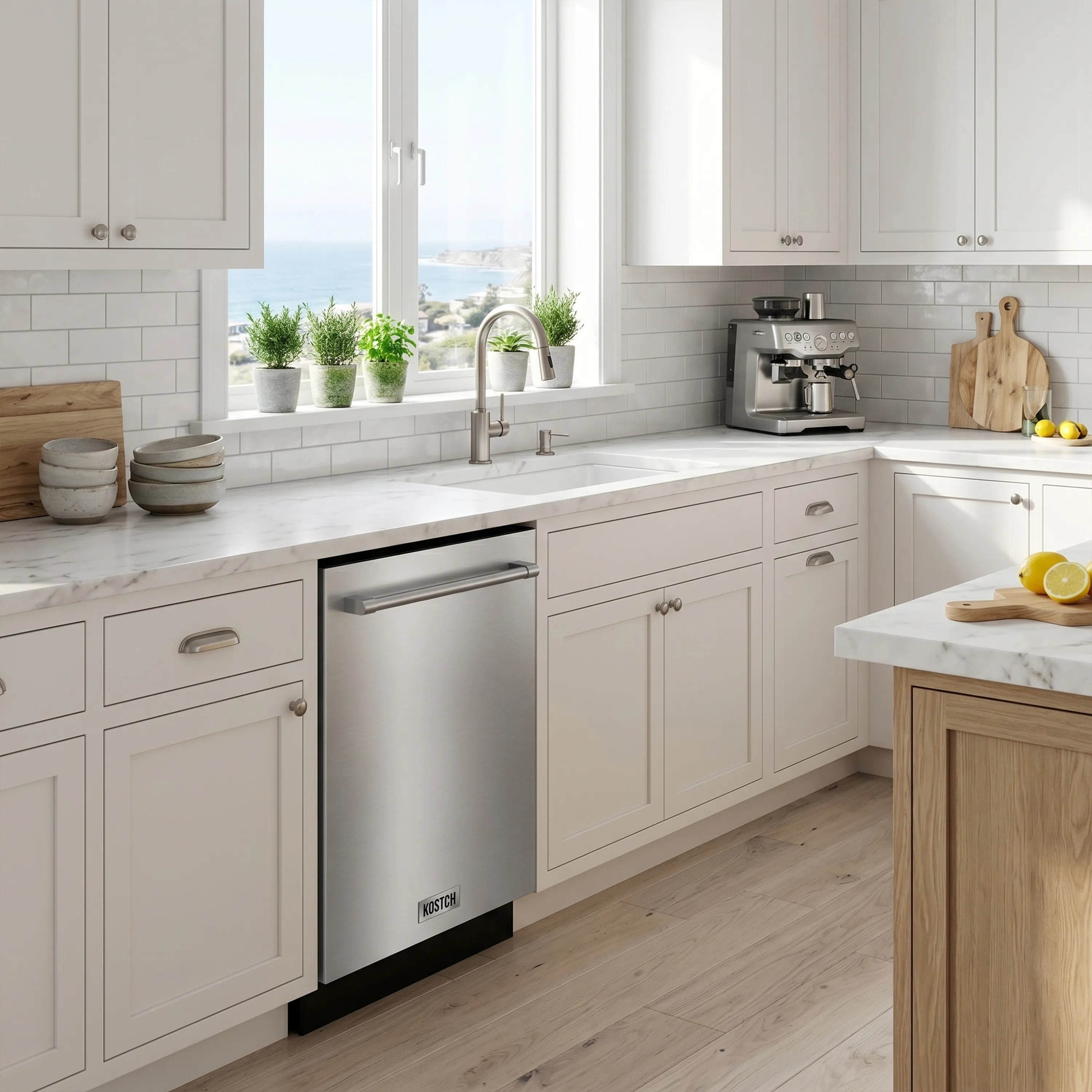 Built-in stainless steel dishwasher installed under kitchen countertops