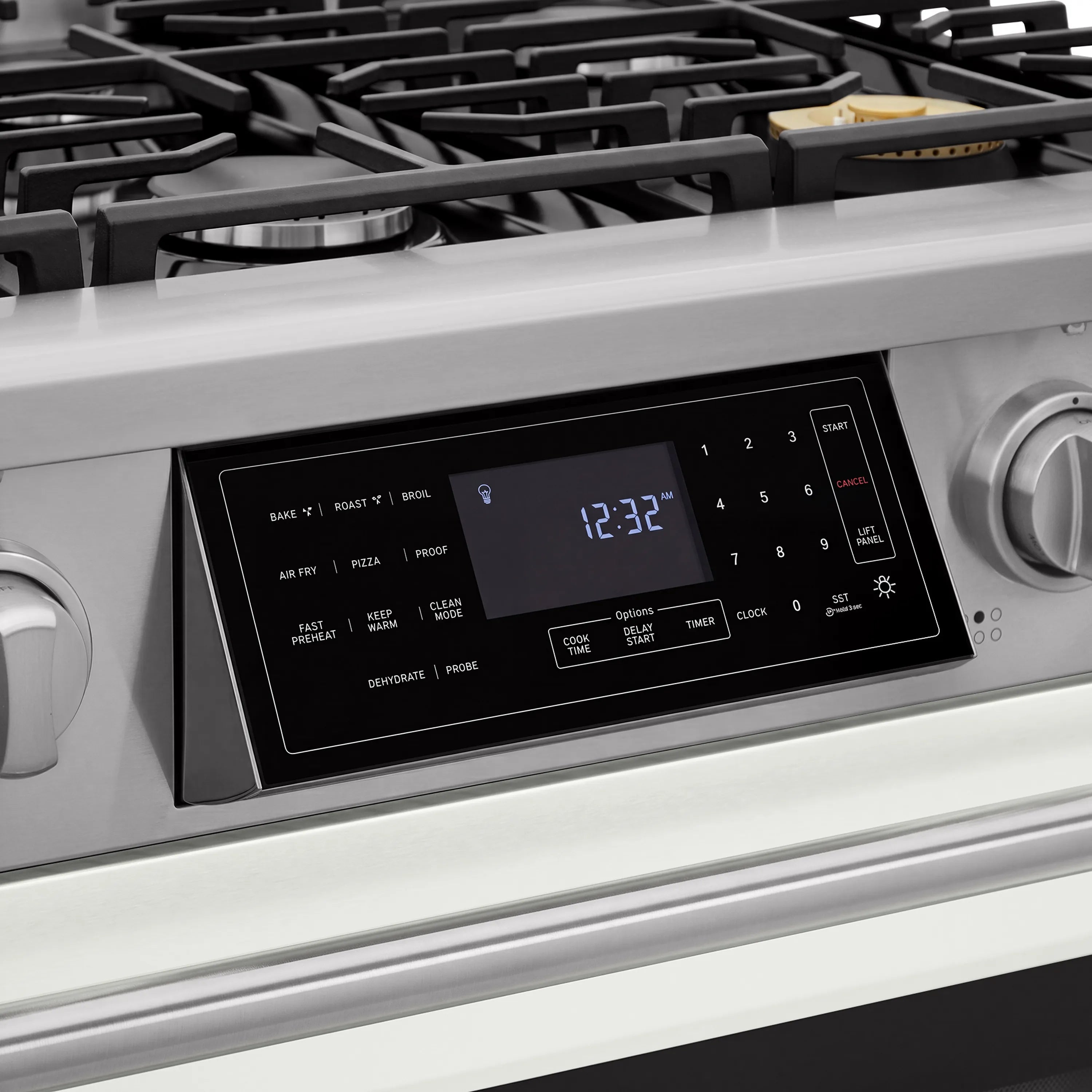 Gas range control panel with digital display and touch buttons for oven settings