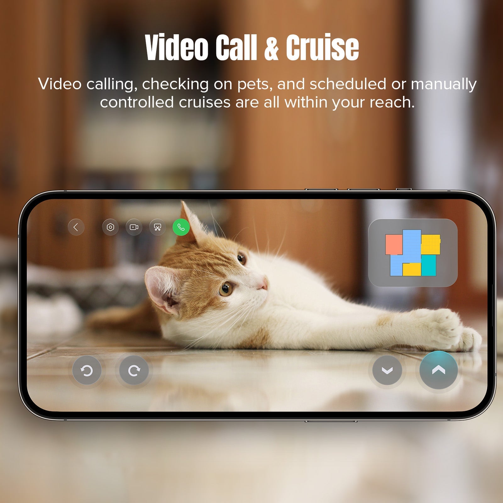 Smartphone screen showing robot vacuum video call with cat on display