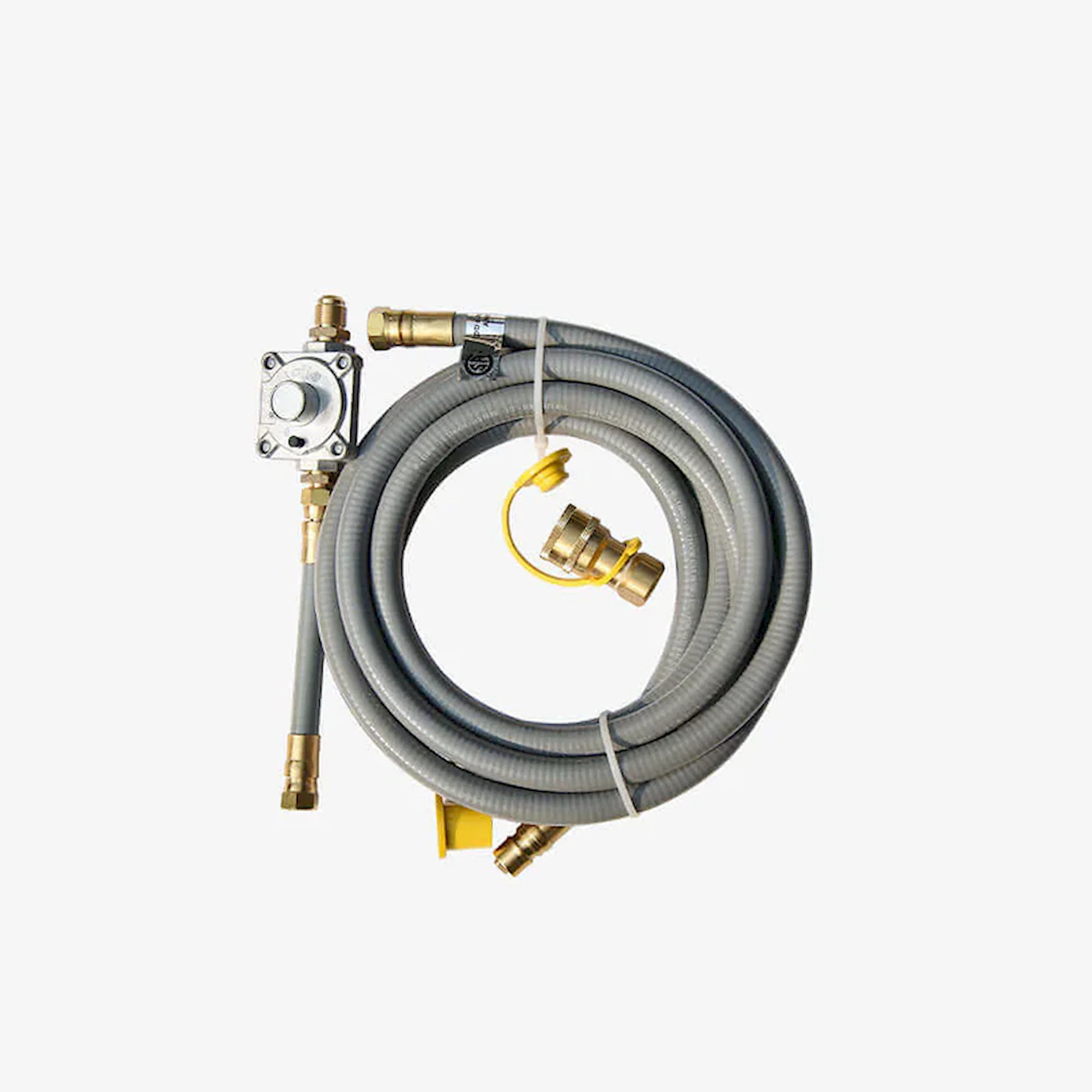 Natural gas conversion kit with regulator, brass fittings, and gray flexible hoses