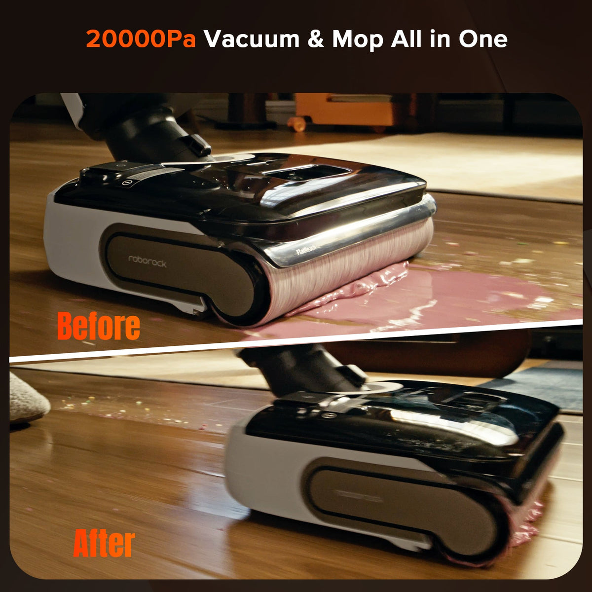 Roborock wet and dry vacuum cleaner mopping with dock on wet hardwood floor