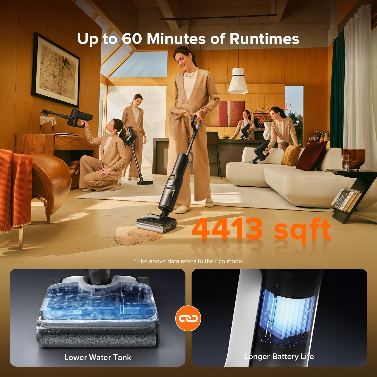 Cordless stick vacuum cleaner with runtime graphic and lower water tank inset