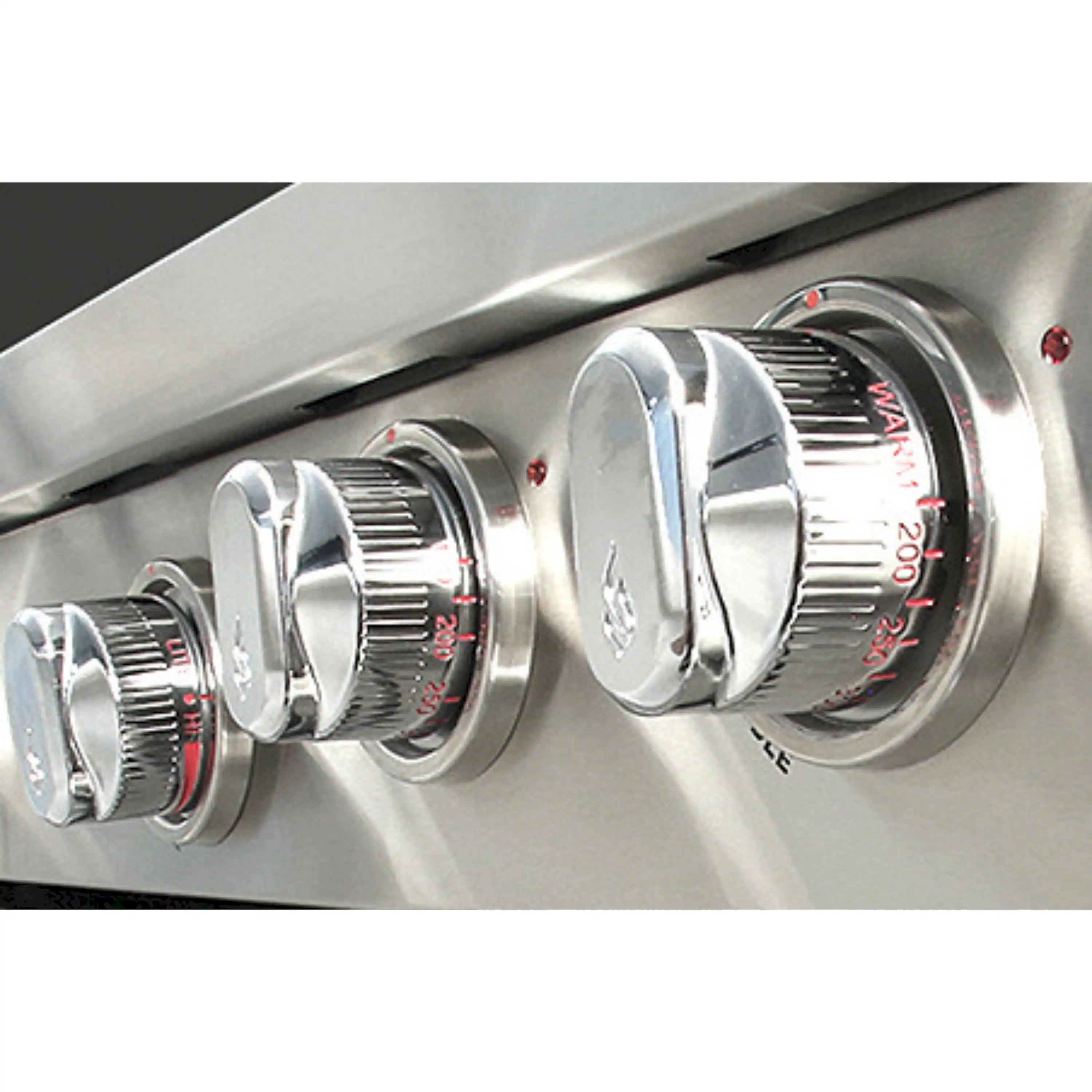 Stainless steel range control knobs with burner rings and chrome trim