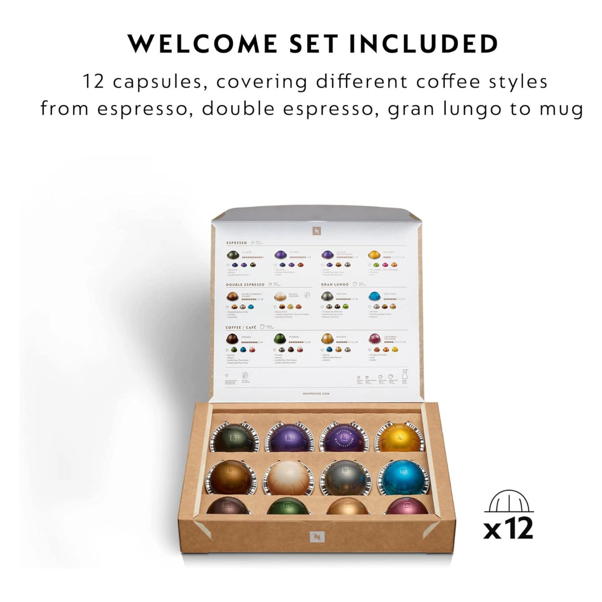 Nespresso capsule welcome set with open tray of 12 assorted pods