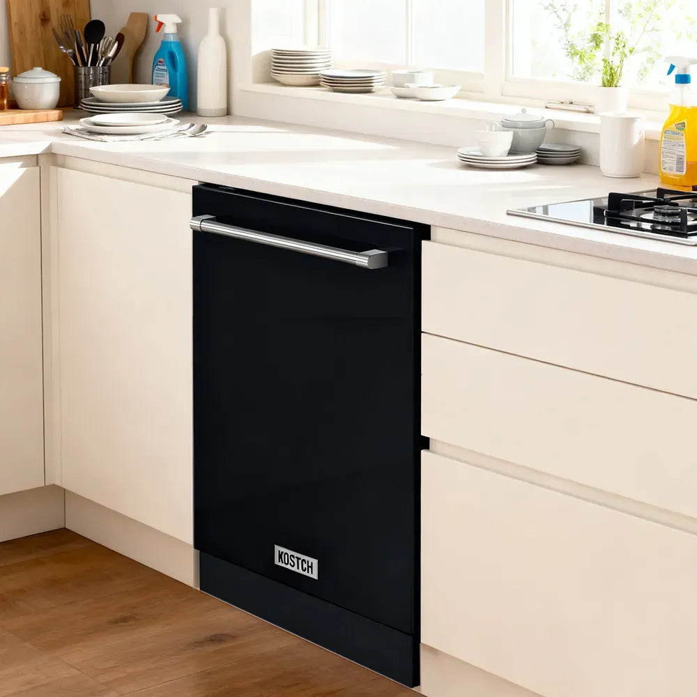 Black built-in dishwasher installed under countertop with chrome handle