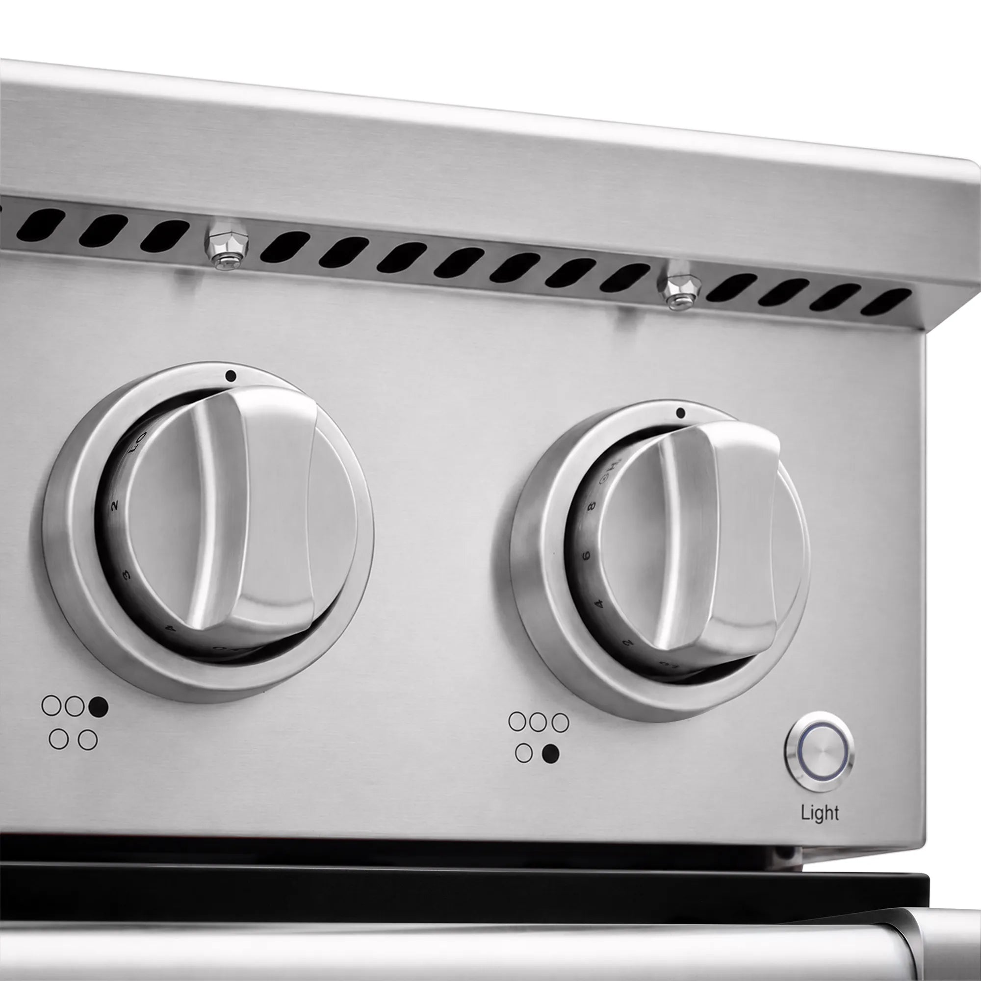 Stainless electric range front with two large burner knobs and indicator light