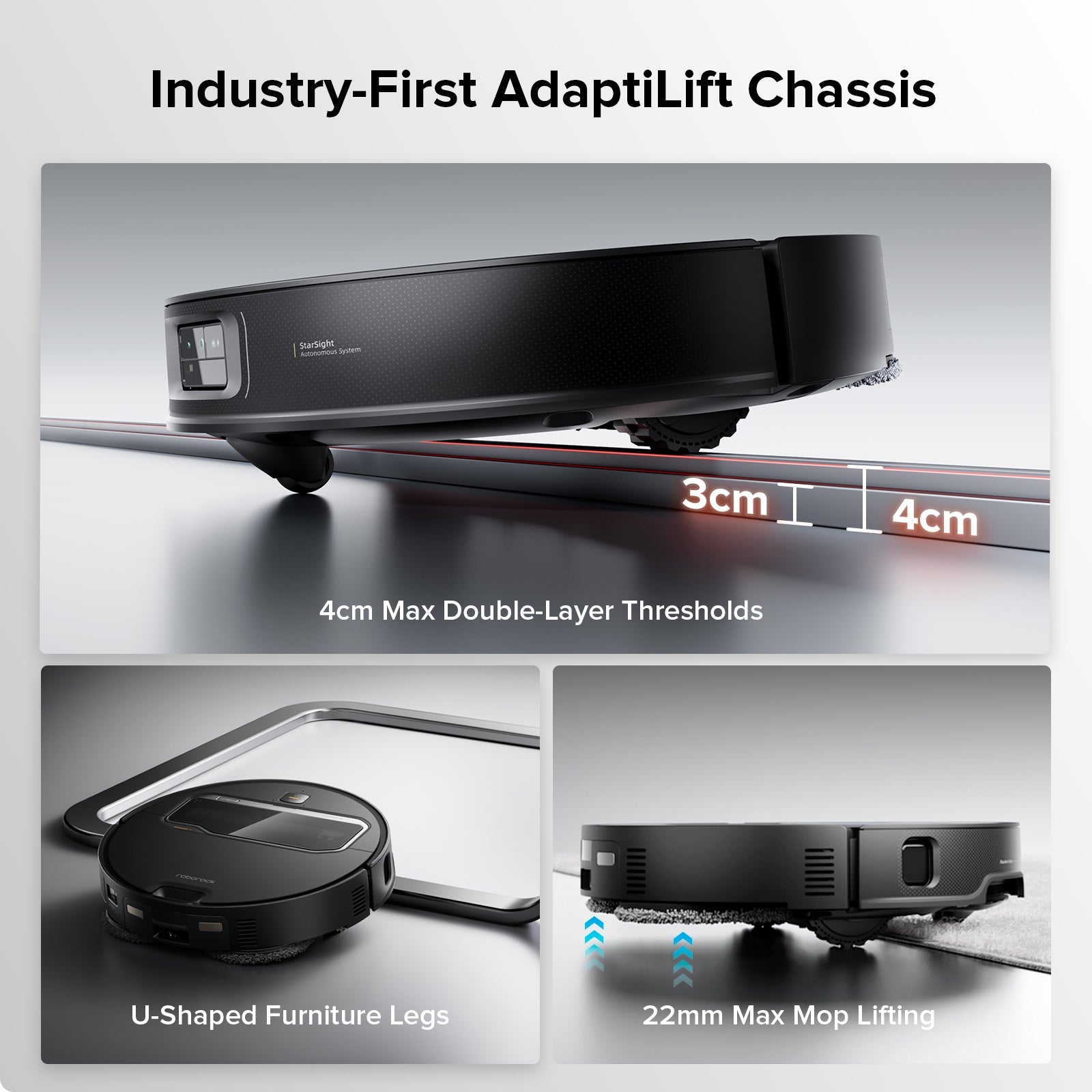 Robot vacuum chassis shown from side with lifting mechanism and side clearance