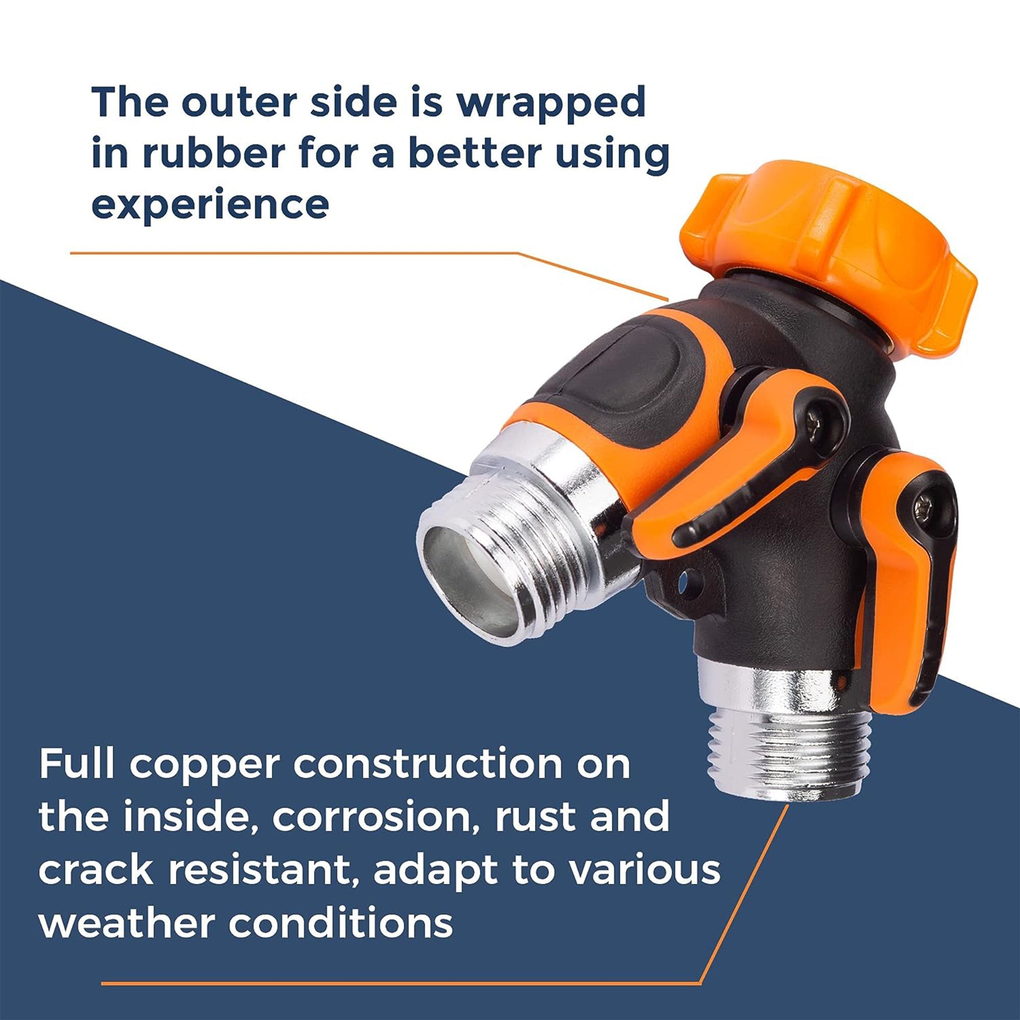 Metal water hose splitter with orange handle grips and silver threaded connectors
