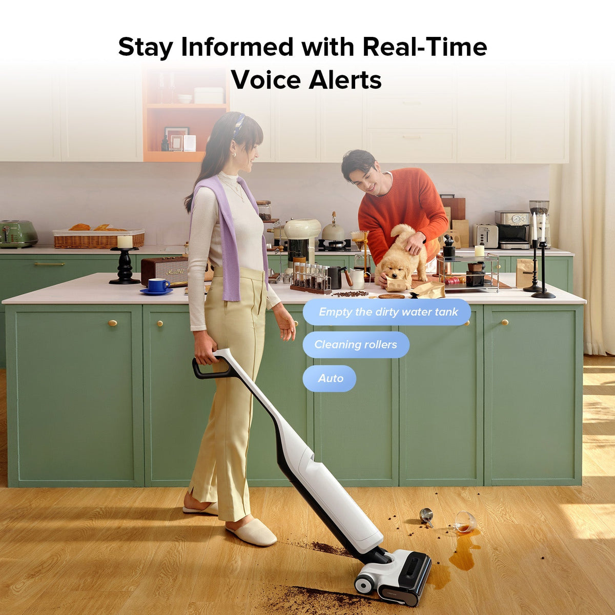 White and black wet and dry vacuum cleaner with mop head near kitchen cabinets