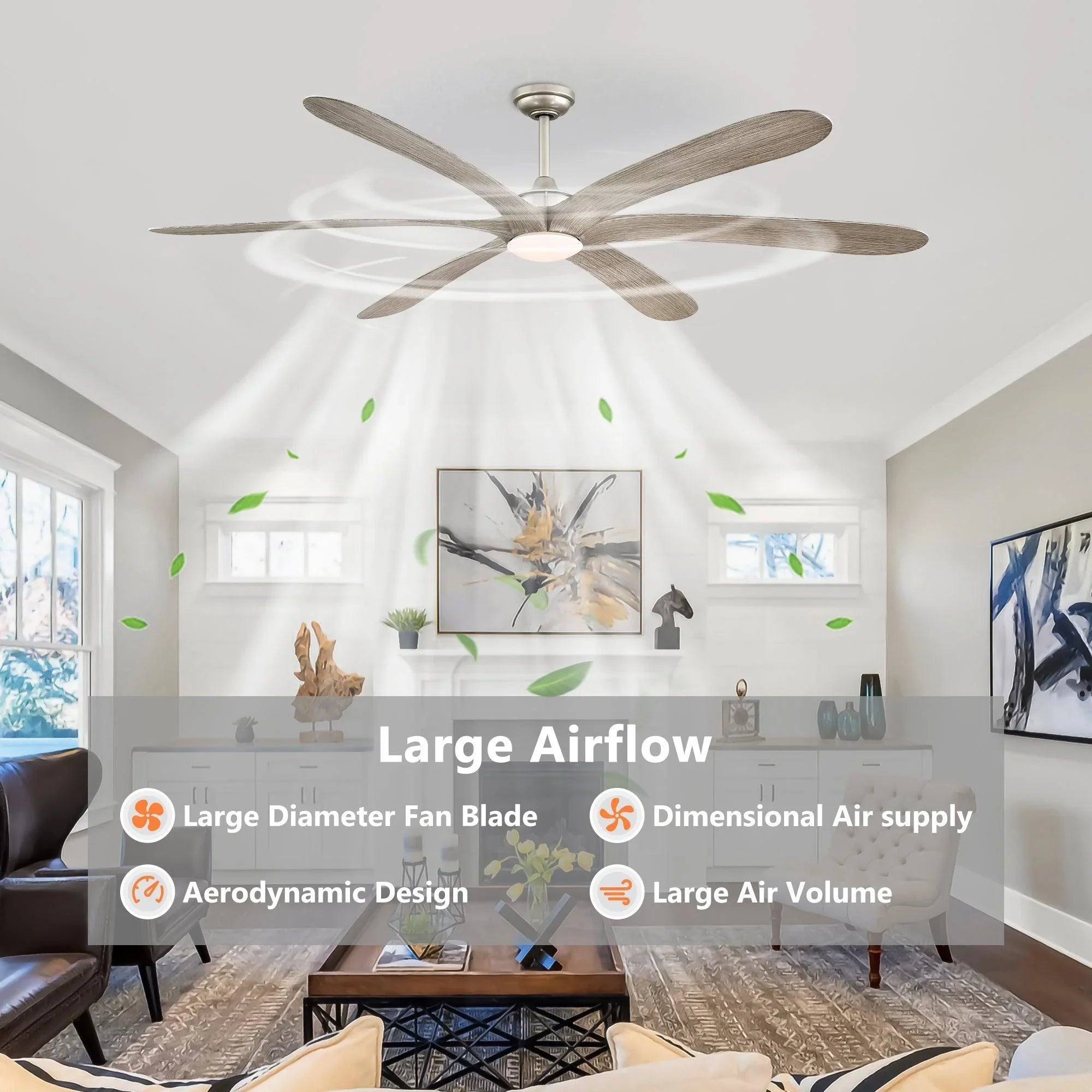 Farmhouse ceiling fan with integrated light and five wide blades for high airflow